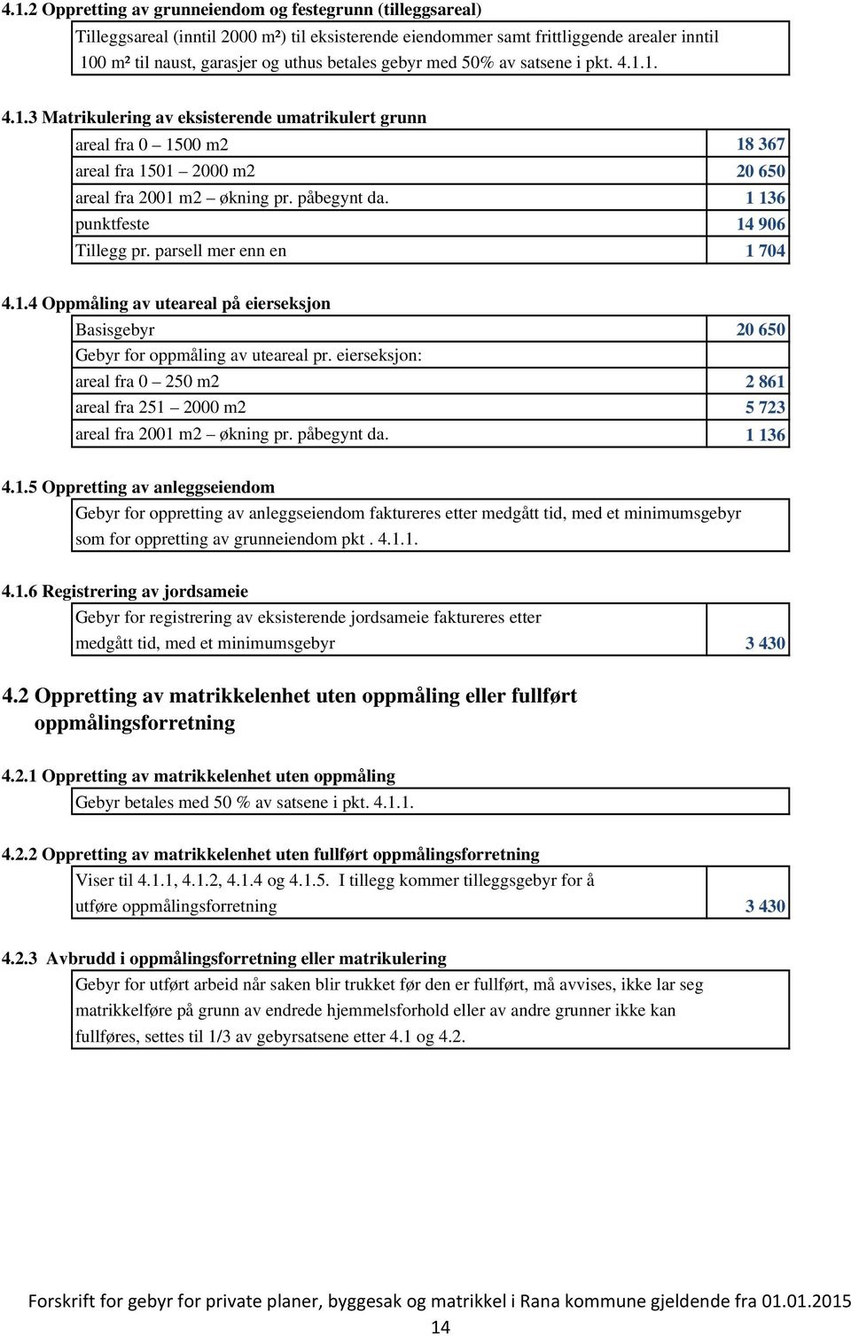 1 136 punktfeste 14 906 Tillegg pr. parsell mer enn en 1 704 4.1.4 Oppmåling av uteareal på eierseksjon Basisgebyr 20 650 Gebyr for oppmåling av uteareal pr.