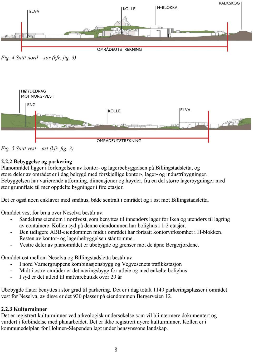 industribygninger. Bebyggelsen har varierende utforming, dimensjoner og høyder, fra en del større lagerbygninger med stor grunnflate til mer oppdelte bygninger i fire etasjer.