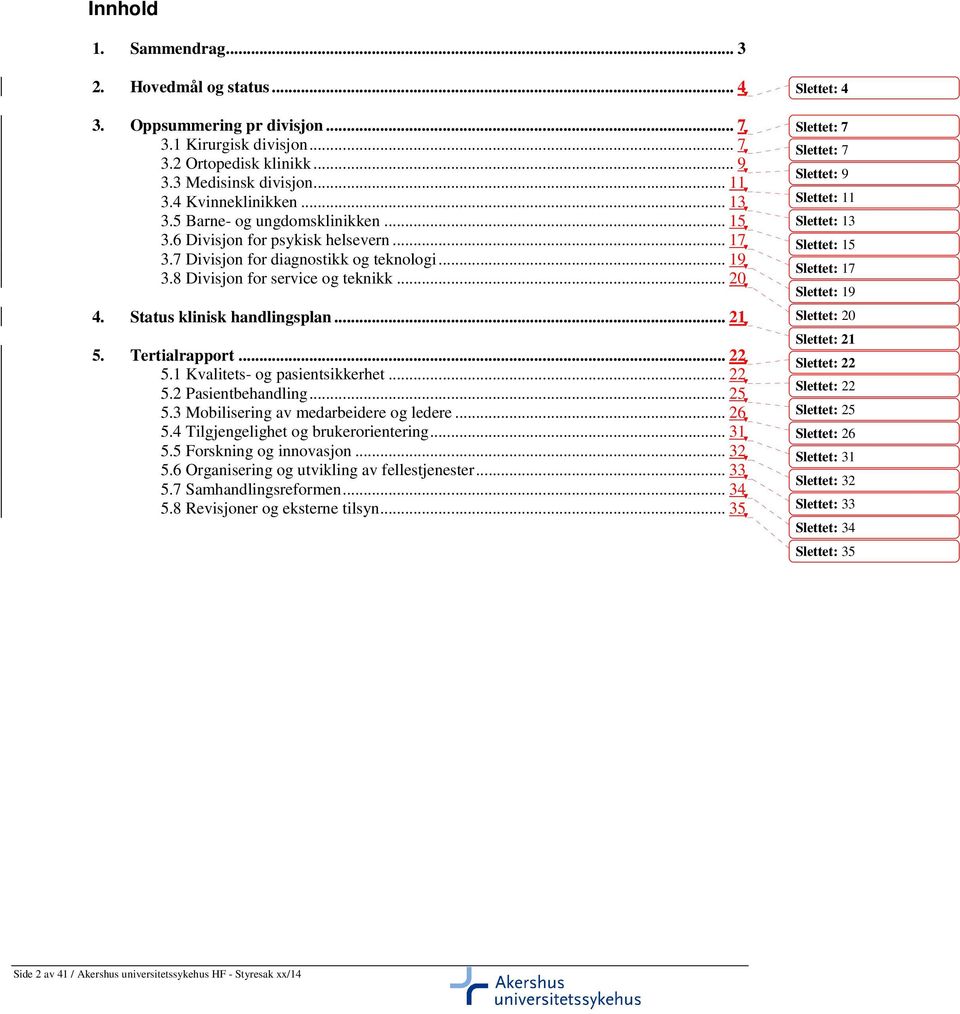 .. 21 5. Tertialrapport... 22 5.1 Kvalitets- og pasientsikkerhet... 22 5.2 Pasientbehandling... 25 5.3 Mobilisering av medarbeidere og ledere... 26 5.4 Tilgjengelighet og brukerorientering... 31 5.