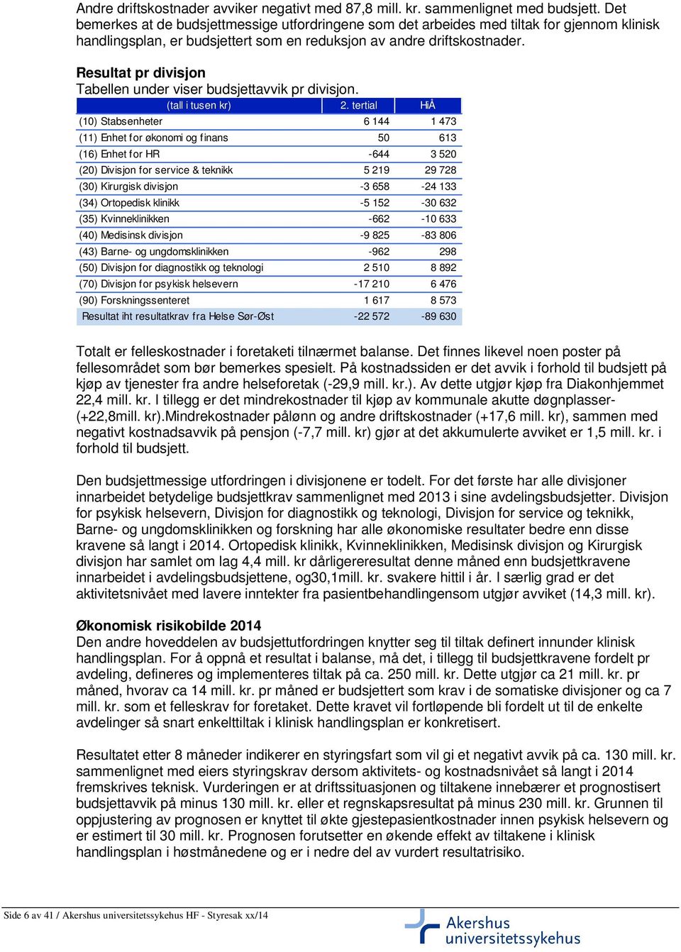 Resultat pr divisjon Tabellen under viser budsjettavvik pr divisjon. (tall i tusen kr) 2.