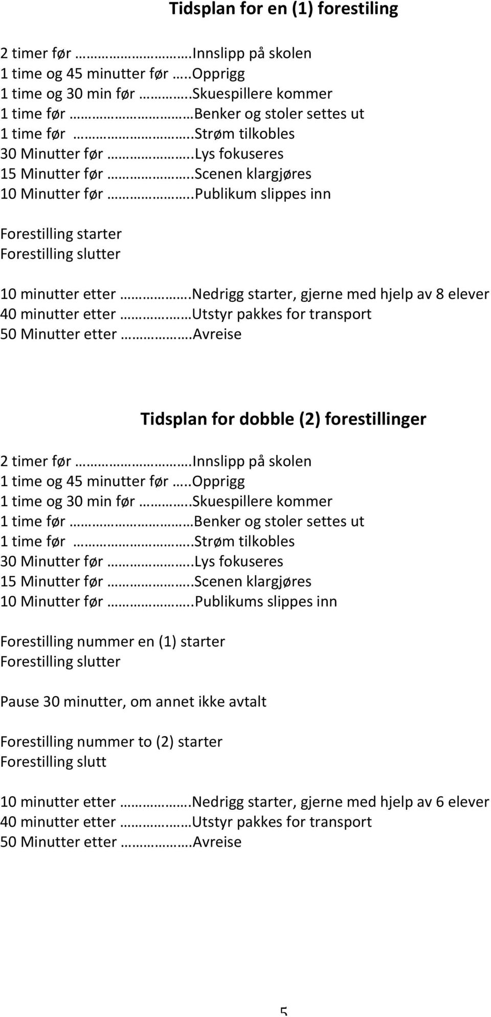 nedrigg starter, gjerne med hjelp av 8 elever 40 minutter etter. Utstyr pakkes for transport 50 Minutter etter.avreise Tidsplan for dobble (2) forestillinger 2 timer før.