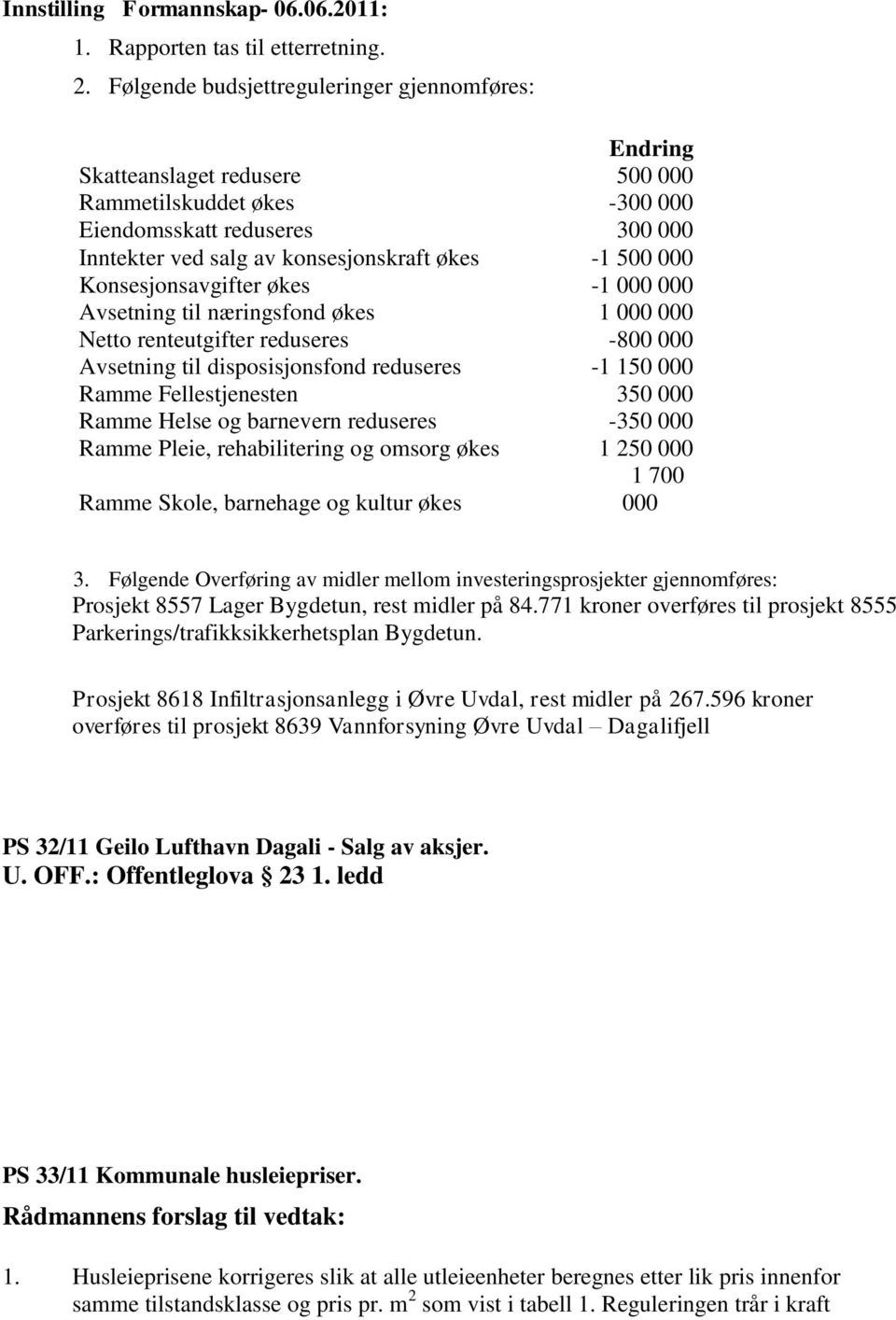 Konsesjonsavgifter økes -1 000 000 Avsetning til næringsfond økes 1 000 000 Netto renteutgifter reduseres -800 000 Avsetning til disposisjonsfond reduseres -1 150 000 Ramme Fellestjenesten 350 000