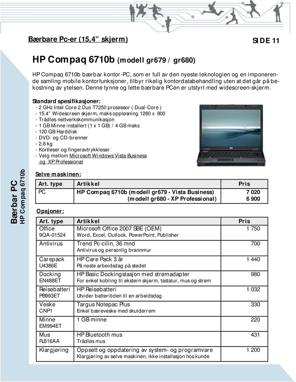 Standard spesifikasjoner: - 2 GHz Intel Core 2 Duo T7250 prosessor ( Dual-Core ) - 15,4 Widescreen skjerm, maks oppløsning 1280 x 800 - Trådløs nettverkskommunikasjon - 1 GB Minne installert (1 x 1