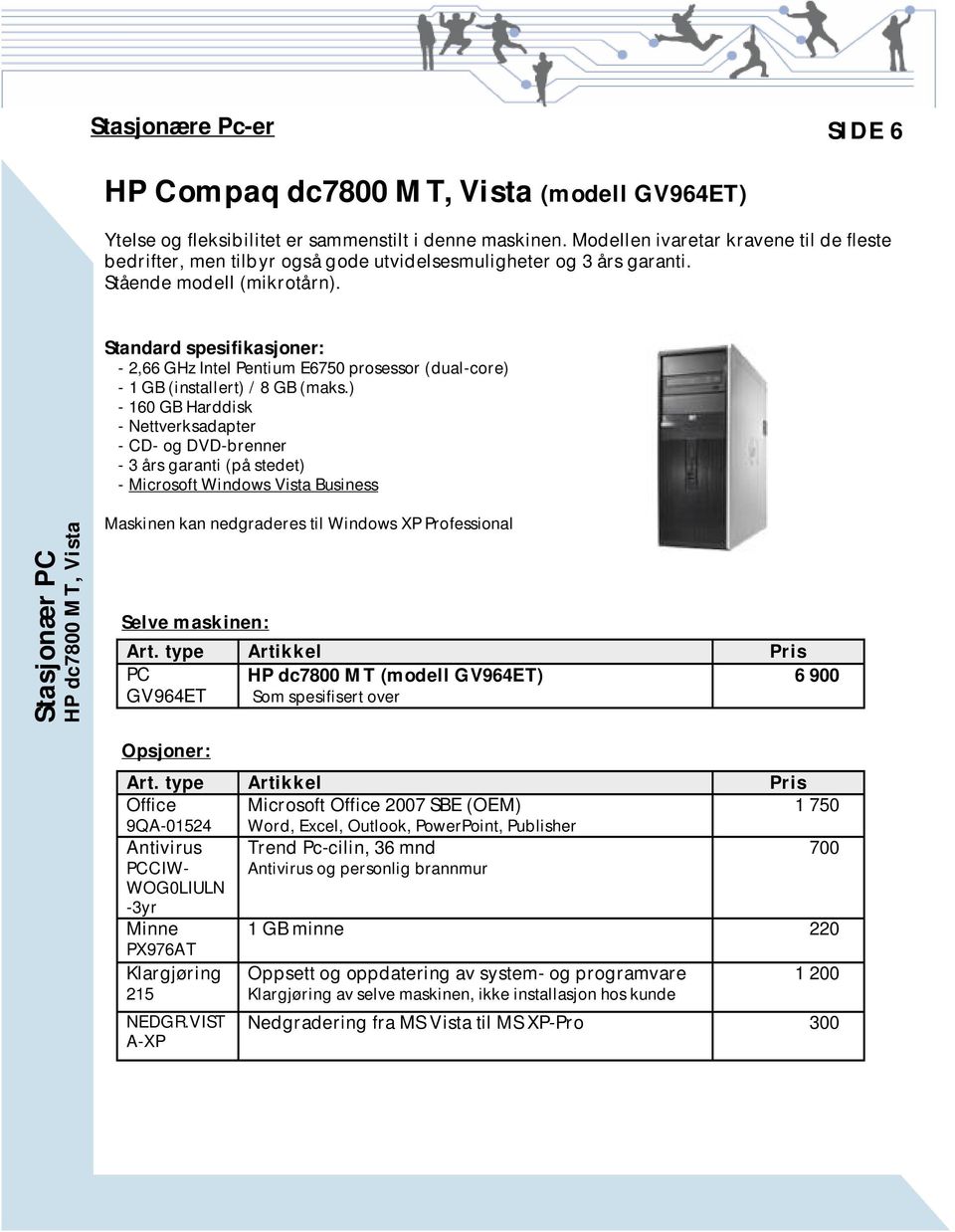 Standard spesifikasjoner: - 2,66 GHz Intel Pentium E6750 prosessor (dual-core) - 1 GB (installert) / 8 GB (maks.