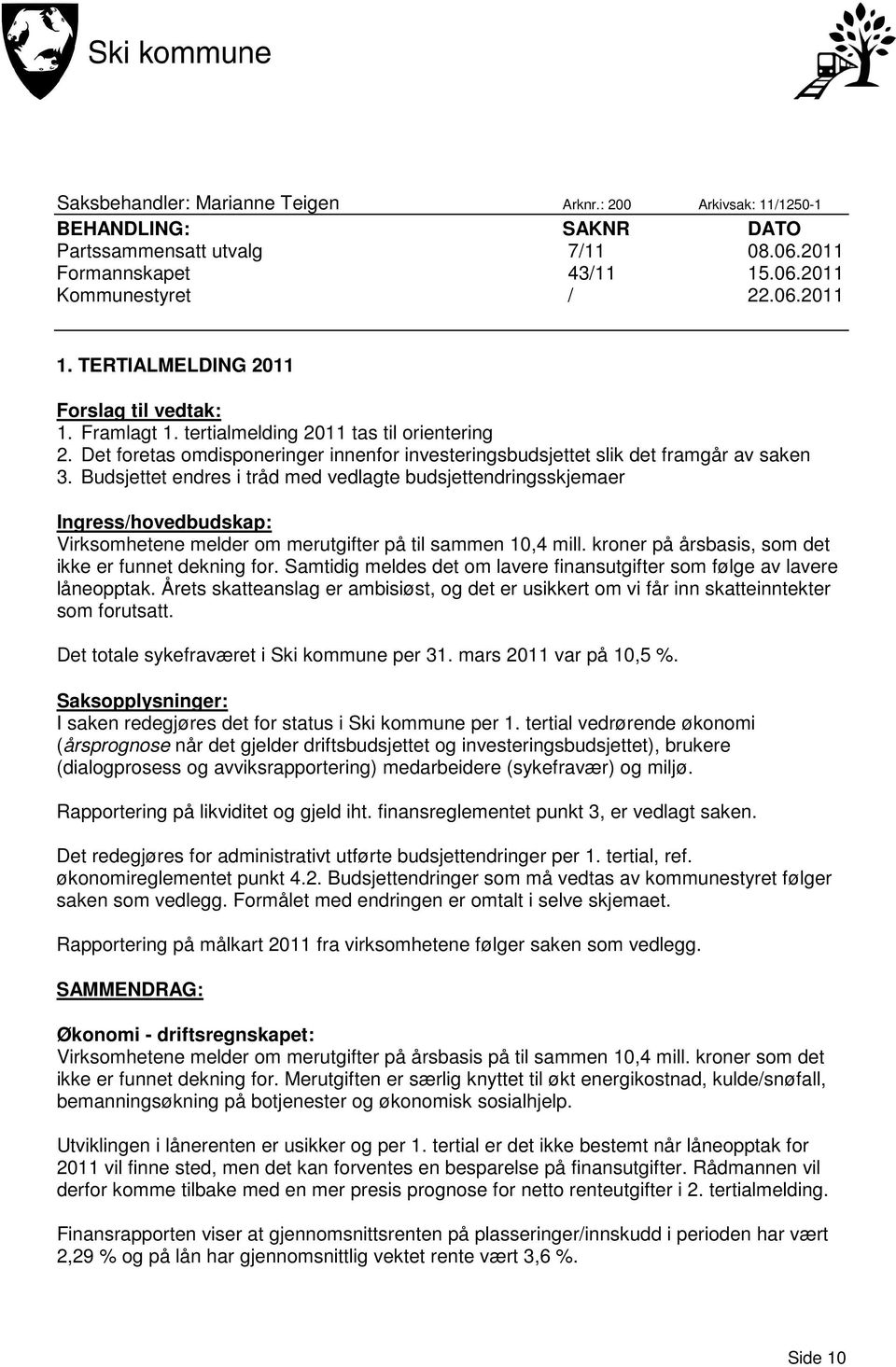 Budsjettet endres i tråd med vedlagte budsjettendringsskjemaer Ingress/hovedbudskap: Virksomhetene melder om merutgifter på til sammen 10,4 mill.