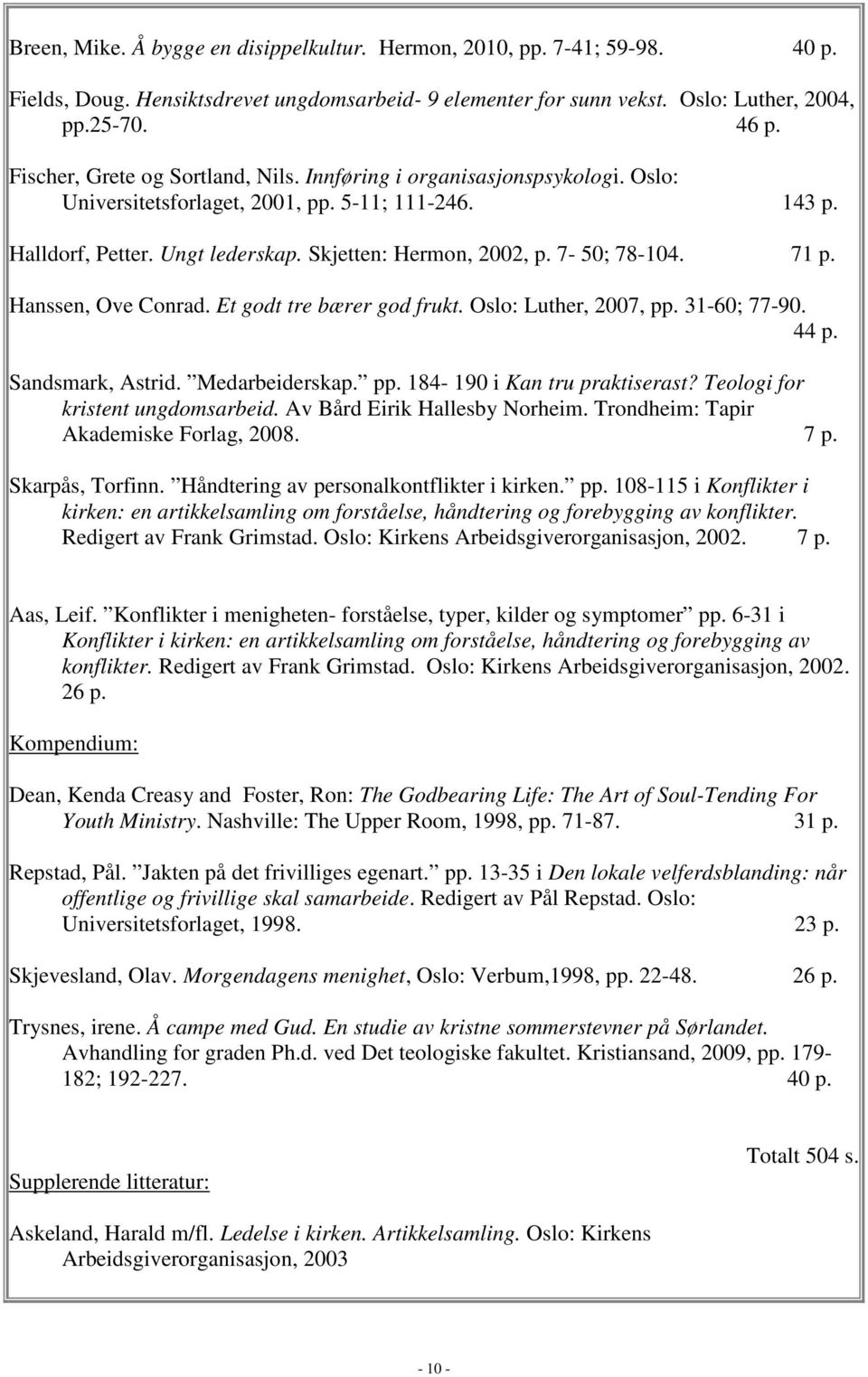 7-50; 78-104. 71 p. Hanssen, Ove Conrad. Et godt tre bærer god frukt. Oslo: Luther, 2007, pp. 31-60; 77-90. 44 p. Sandsmark, Astrid. Medarbeiderskap. pp. 184-190 i Kan tru praktiserast?