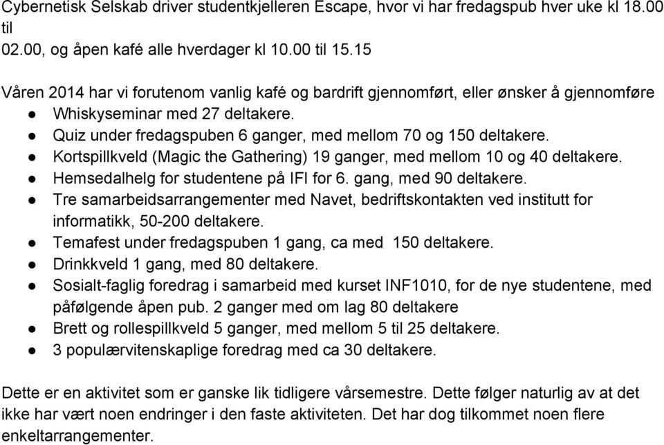 Kortspillkveld (Magic the Gathering) 19 ganger, med mellom 1 og 4 deltakere. Hemsedal helg for studentene på IFI for 6. gang, med 9 deltakere.