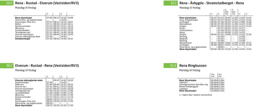 .. Kvennvegen, Åsta vest 07:07 08:22 14:14 16:07 Bråten 07:11 08:26 14:18 16:11 Rustad vestsiden 07:14 08:29 14:21 16:14 Øksna bru 07:19 08:34 14:26 16:19 Grundsetbekken 07:25 08:40 14:32 16:25