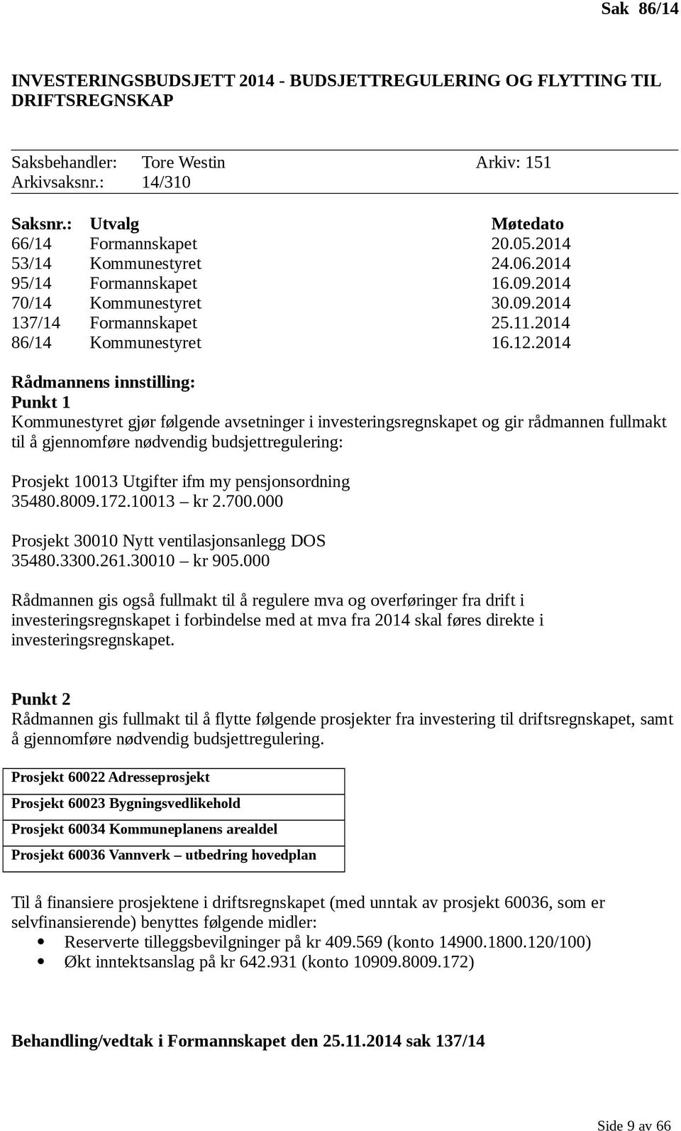 2014 Rådmannens innstilling: Punkt 1 Kommunestyret gjør følgende avsetninger i investeringsregnskapet og gir rådmannen fullmakt til å gjennomføre nødvendig budsjettregulering: Prosjekt 10013 Utgifter