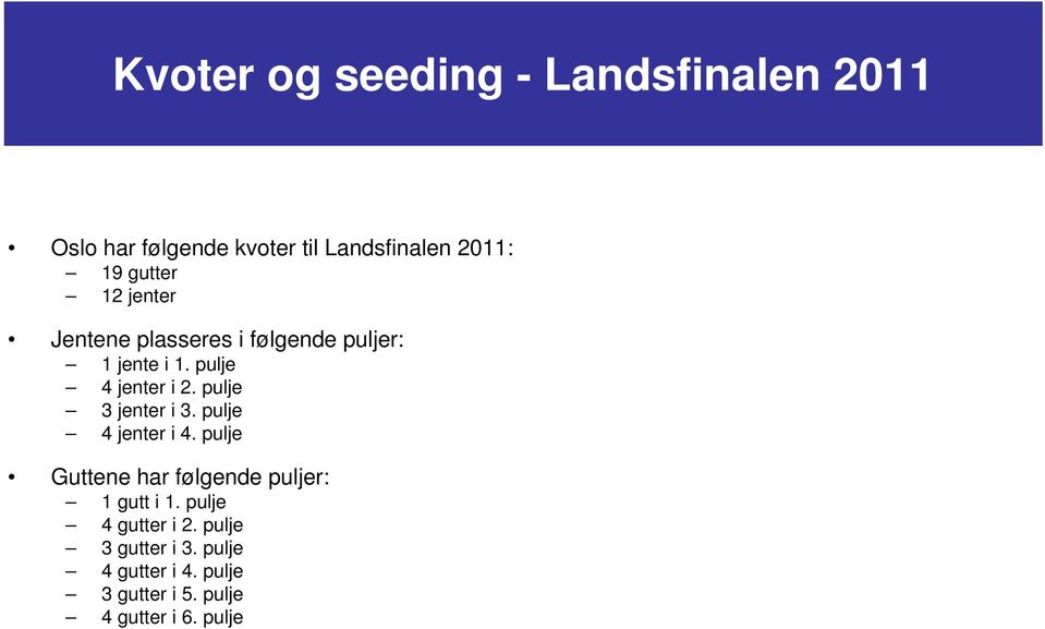 pulje 3 jenter i 3. pulje 4 jenter i 4. pulje Guttene har følgende puljer: 1 gutt i 1.