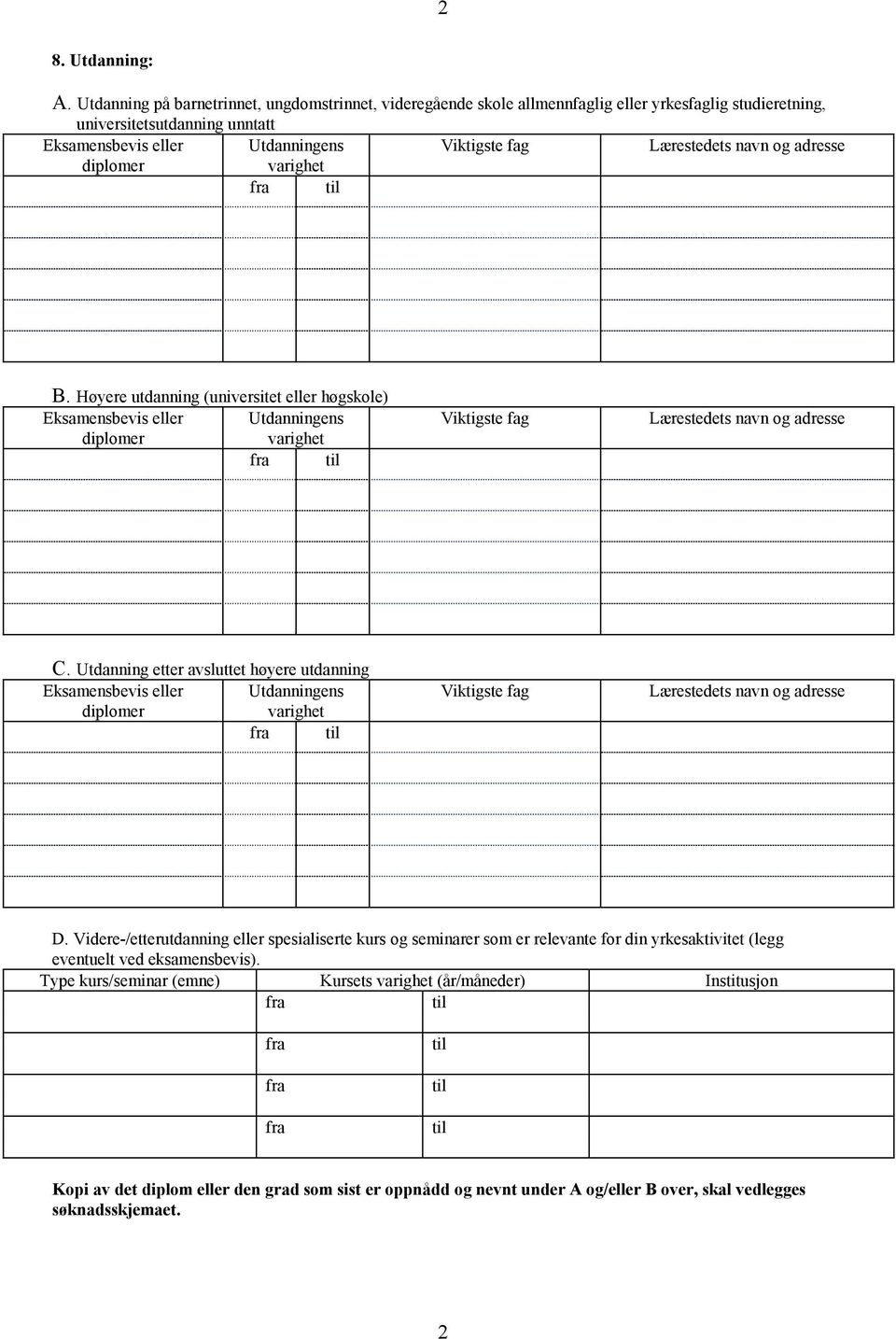 navn og adresse diplomer varighet B. Høyere utdanning (universitet eller høgskole) Eksamensbevis eller Utdanningens diplomer varighet Viktigste fag Lærestedets navn og adresse C.