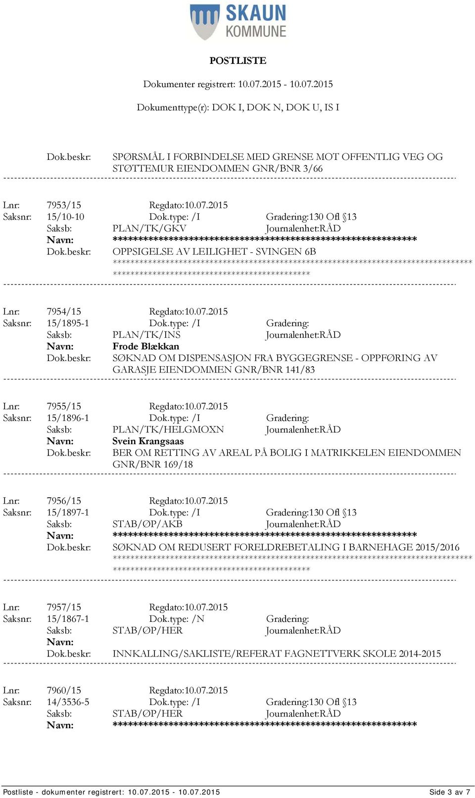 2015 Saksnr: 15/1895-1 Dok.type: /I Gradering: Frode Blækkan SØKNAD OM DISPENSASJON FRA BYGGEGRENSE - OPPFØRING AV GARASJE EIENDOMMEN GNR/BNR 141/83 Lnr: 7955/15 Regdato:10.07.