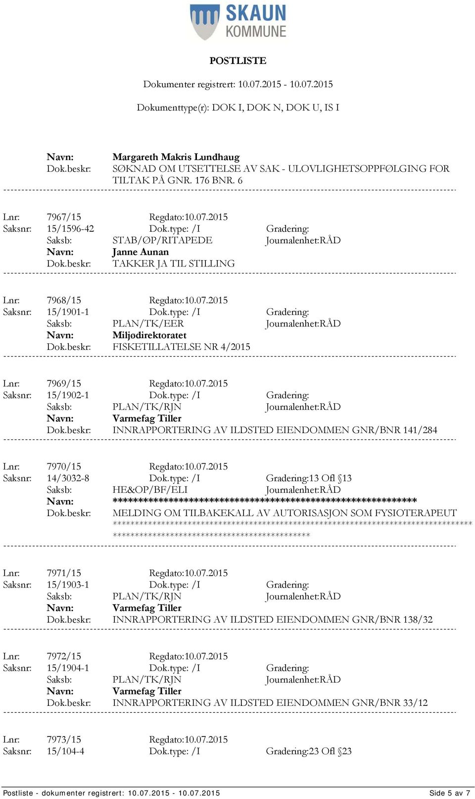 type: /I Gradering: Saksb: PLAN/TK/EER Journalenhet:RÅD Miljødirektoratet FISKETILLATELSE NR 4/2015 Lnr: 7969/15 Regdato:10.07.2015 Saksnr: 15/1902-1 Dok.