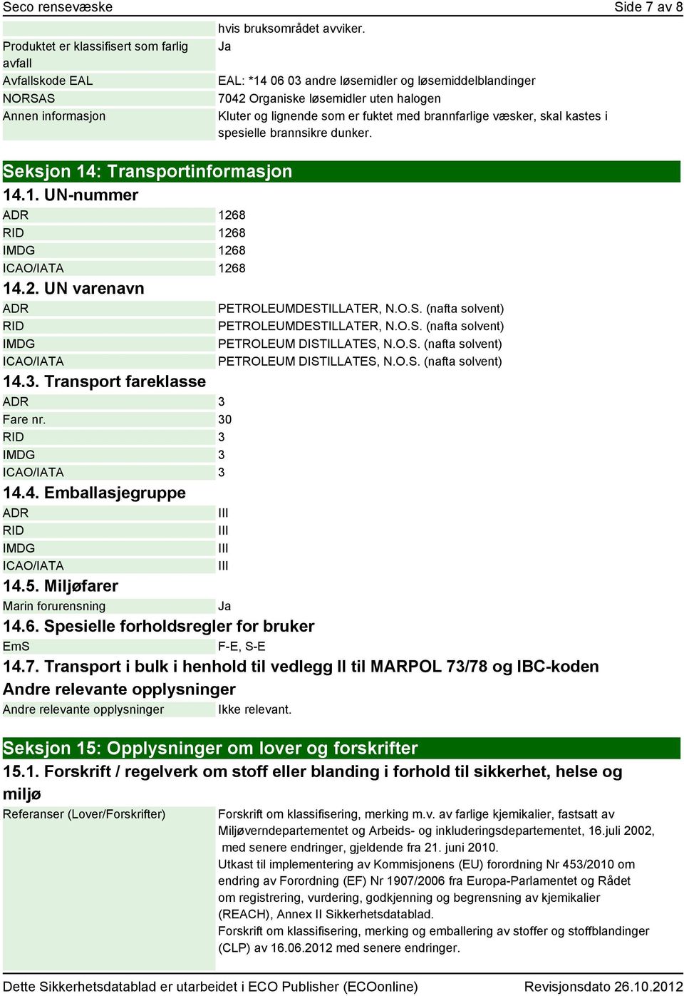 1. UN-nummer ADR 1268 RID 1268 IMDG 1268 ICAO/IATA 1268 14.