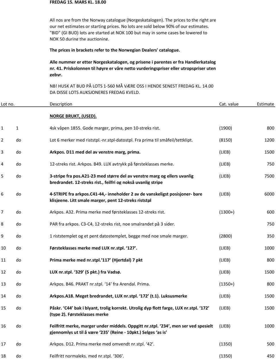 Alle nummer er etter Norgeskatalogen, og prisene i parentes er fra Handlerkatalog nr. 41. Priskolonnen til høyre er våre netto vurderingspriser eller utropspriser uten gebyr. NB!