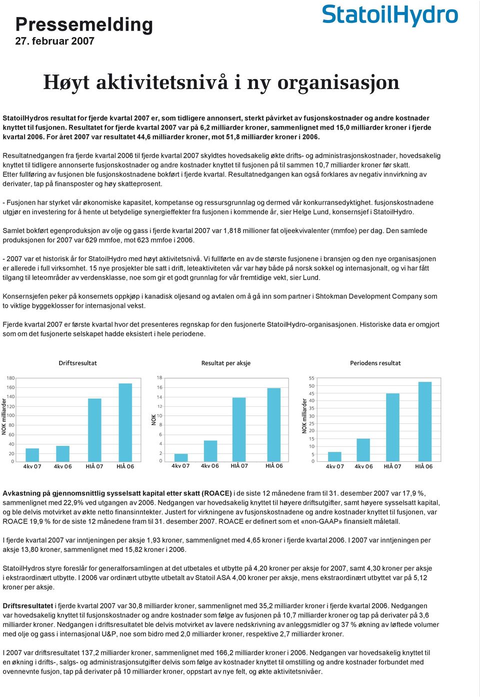 fusjonen. Resultatet for fjerde kvartal 2007 var på 6,2 milliarder kroner, sammenlignet med 15,0 milliarder kroner i fjerde kvartal 2006.