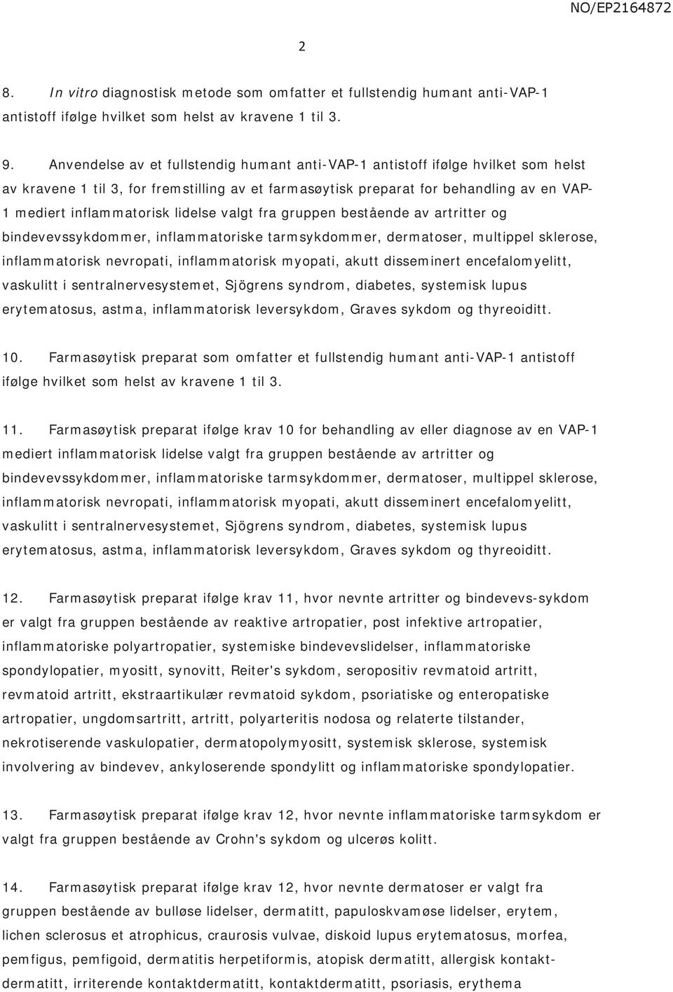 lidelse valgt fra gruppen bestående av artritter og bindevevssykdommer, inflammatoriske tarmsykdommer, dermatoser, multippel sklerose, inflammatorisk nevropati, inflammatorisk myopati, akutt