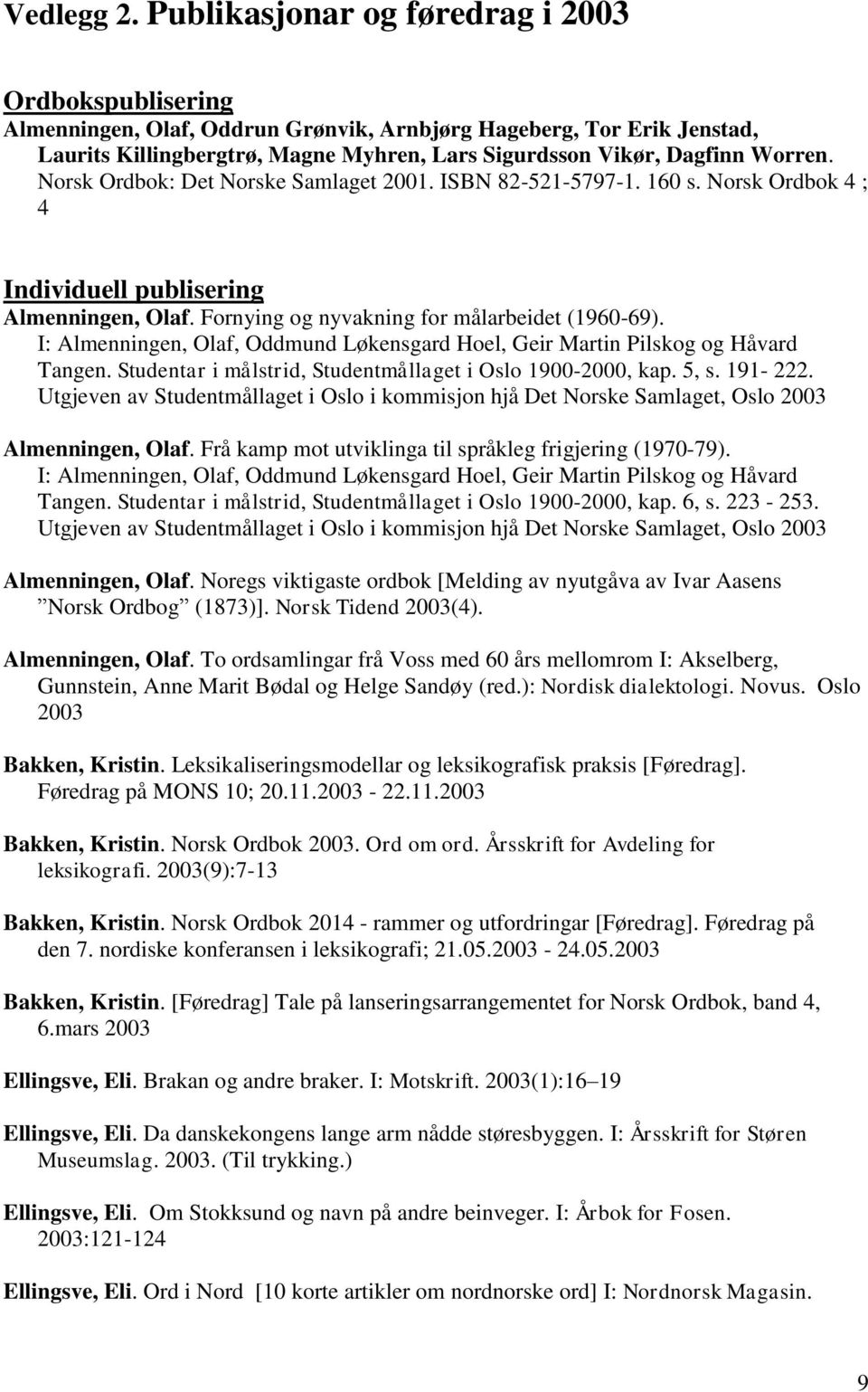 Norsk Ordbok: Det Norske Samlaget 2001. ISBN 82-521-5797-1. 160 s. Norsk Ordbok 4 ; 4 Individuell publisering Almenningen, Olaf. Fornying og nyvakning for målarbeidet (1960-69).