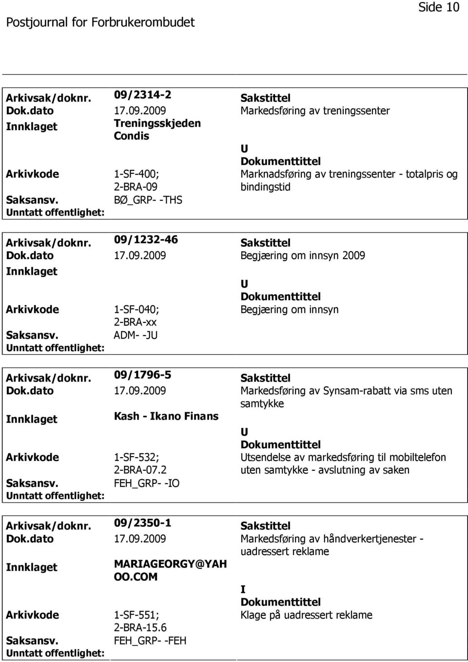 2009 Markedsføring av treningssenter nnklaget Treningsskjeden Condis 1-SF-400; 2-BRA-09 Marknadsføring av treningssenter - totalpris og bindingstid BØ_GRP- -THS Arkivsak/doknr.