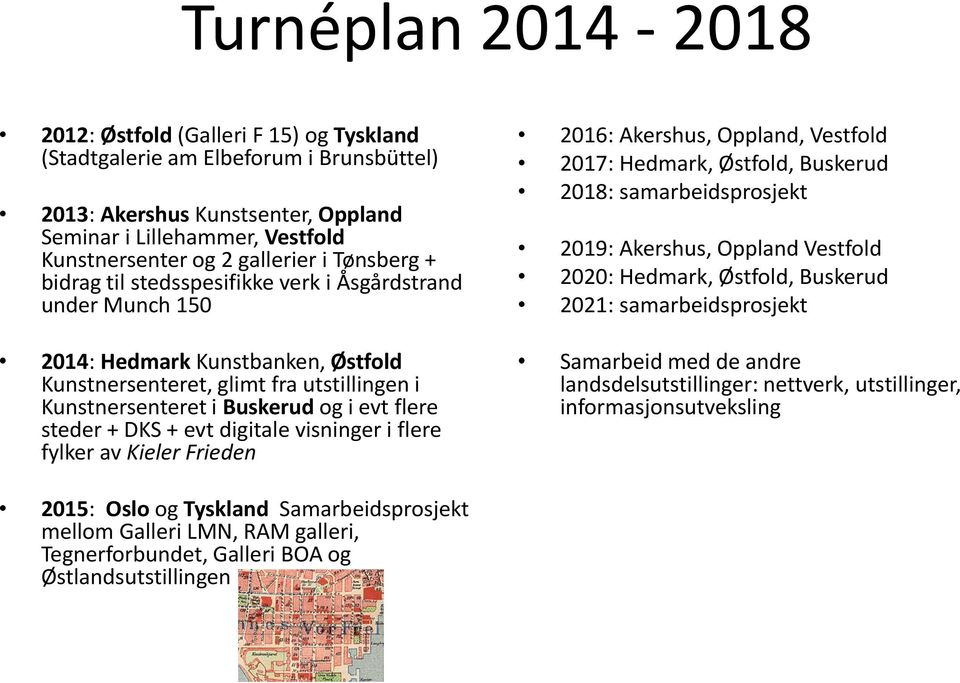 evt flere steder + DKS + evt digitale visninger i flere fylker av Kieler Frieden 2016: Akershus, Oppland, Vestfold 2017: Hedmark, Østfold, Buskerud 2018: samarbeidsprosjekt 2019: Akershus, Oppland