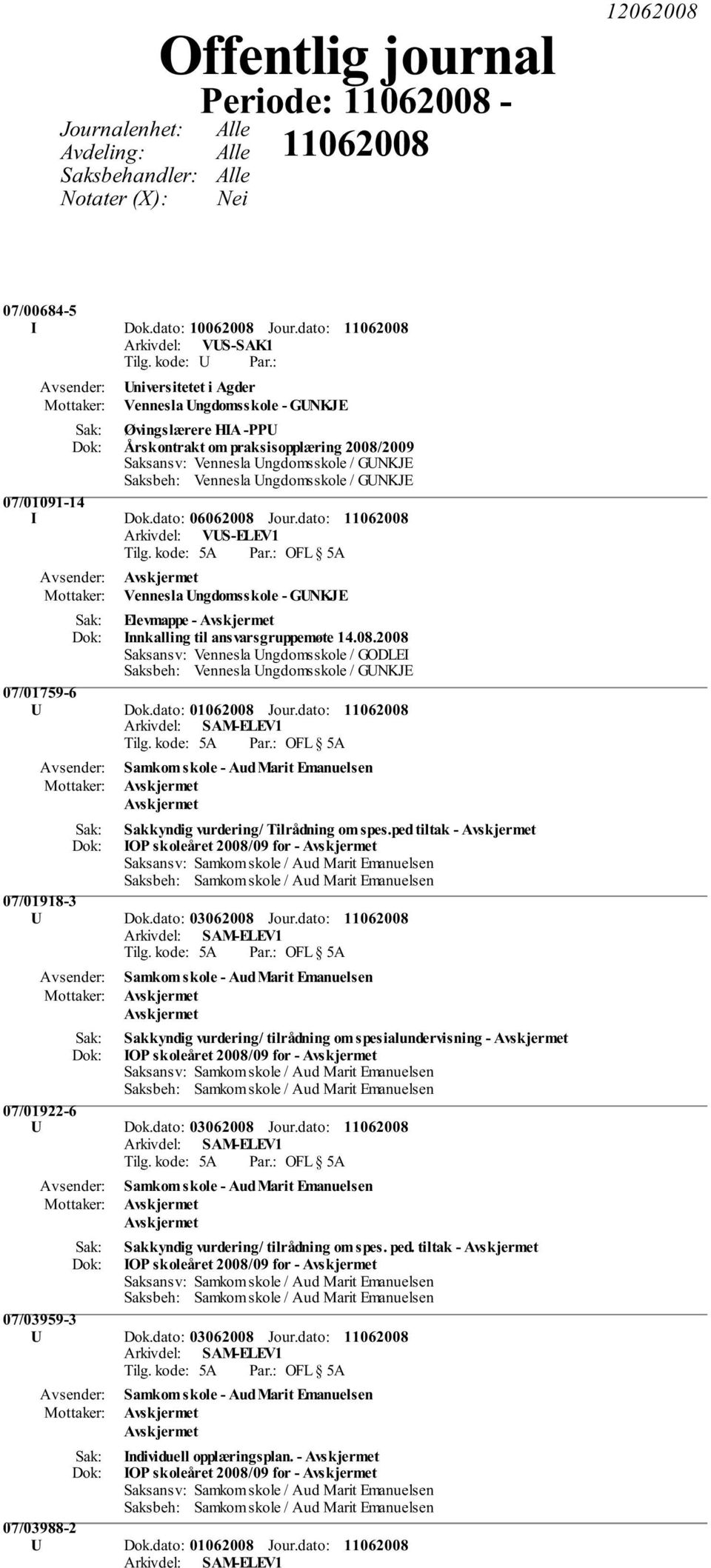 Vennesla Ungdomsskole / GUNKJE 07/01091-14 I Dok.dato: 06062008 Jour.dato: Vennesla Ungdomsskole - GUNKJE Elevmappe - Innkalling til ansvarsgruppemøte 14.08.2008 Saksbeh: Vennesla Ungdomsskole / GUNKJE 07/01759-6 U Dok.