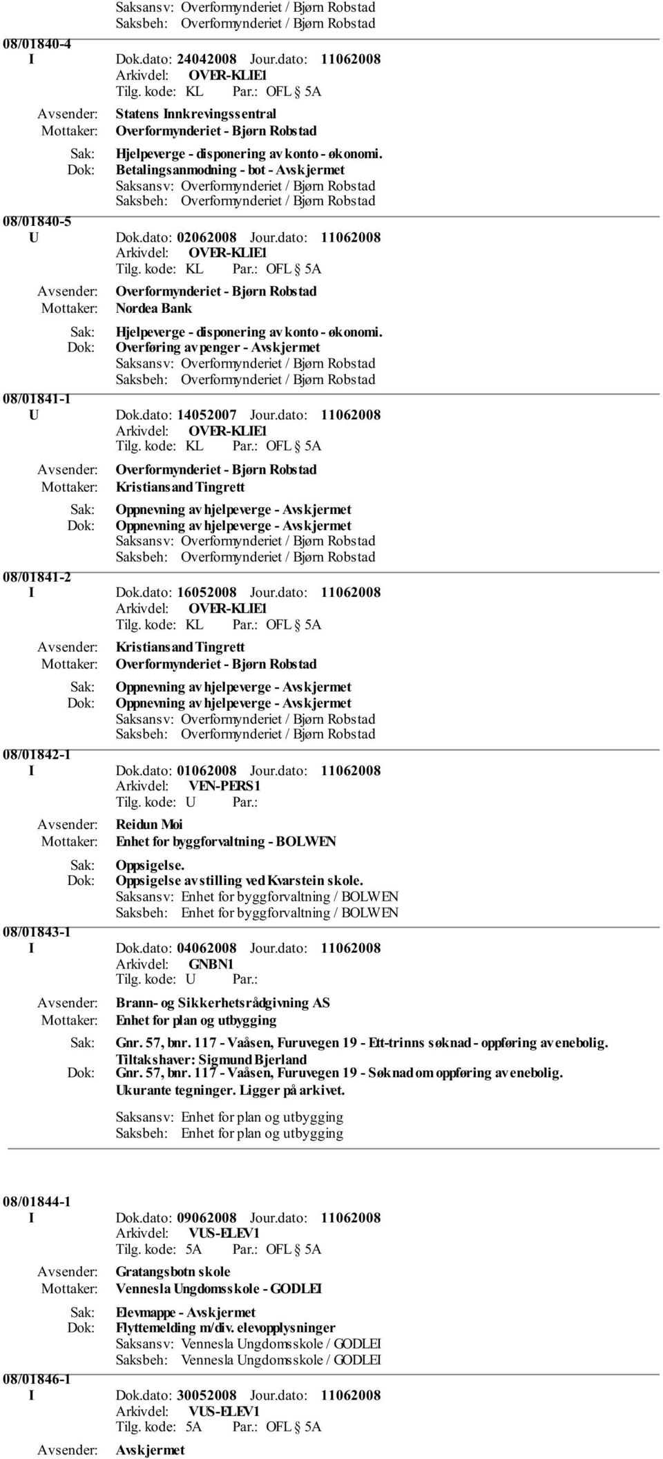 dato: Overformynderiet - Bjørn Robstad Kristiansand Tingrett Oppnevning av hjelpeverge - Oppnevning av hjelpeverge - 08/01841-2 I Dok.dato: 16052008 Jour.