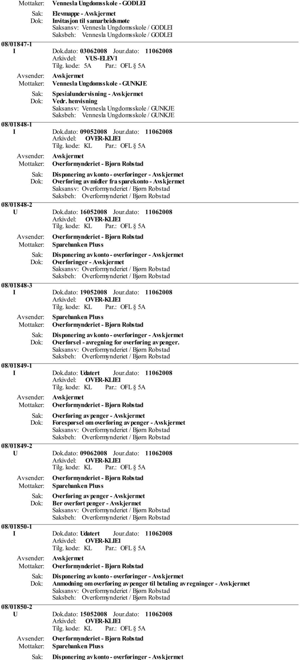 dato: Overformynderiet - Bjørn Robstad Disponering av konto - overføringer - Overføring av midler fra sparekonto - 08/01848-2 U Dok.dato: 16052008 Jour.