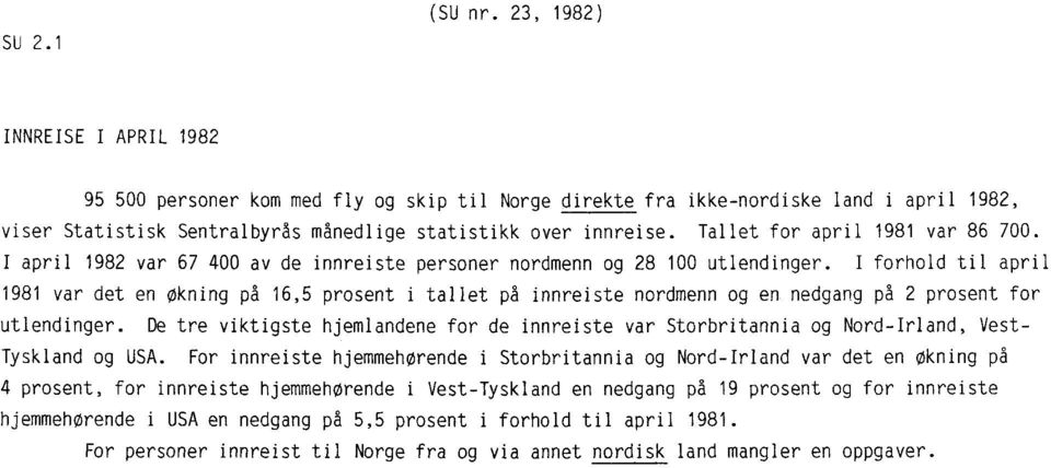 Tallet for april 1981 var 86 700. I april 1982 var 67 400 av de innreiste personer nordmenn og 28 100 utlendinger.