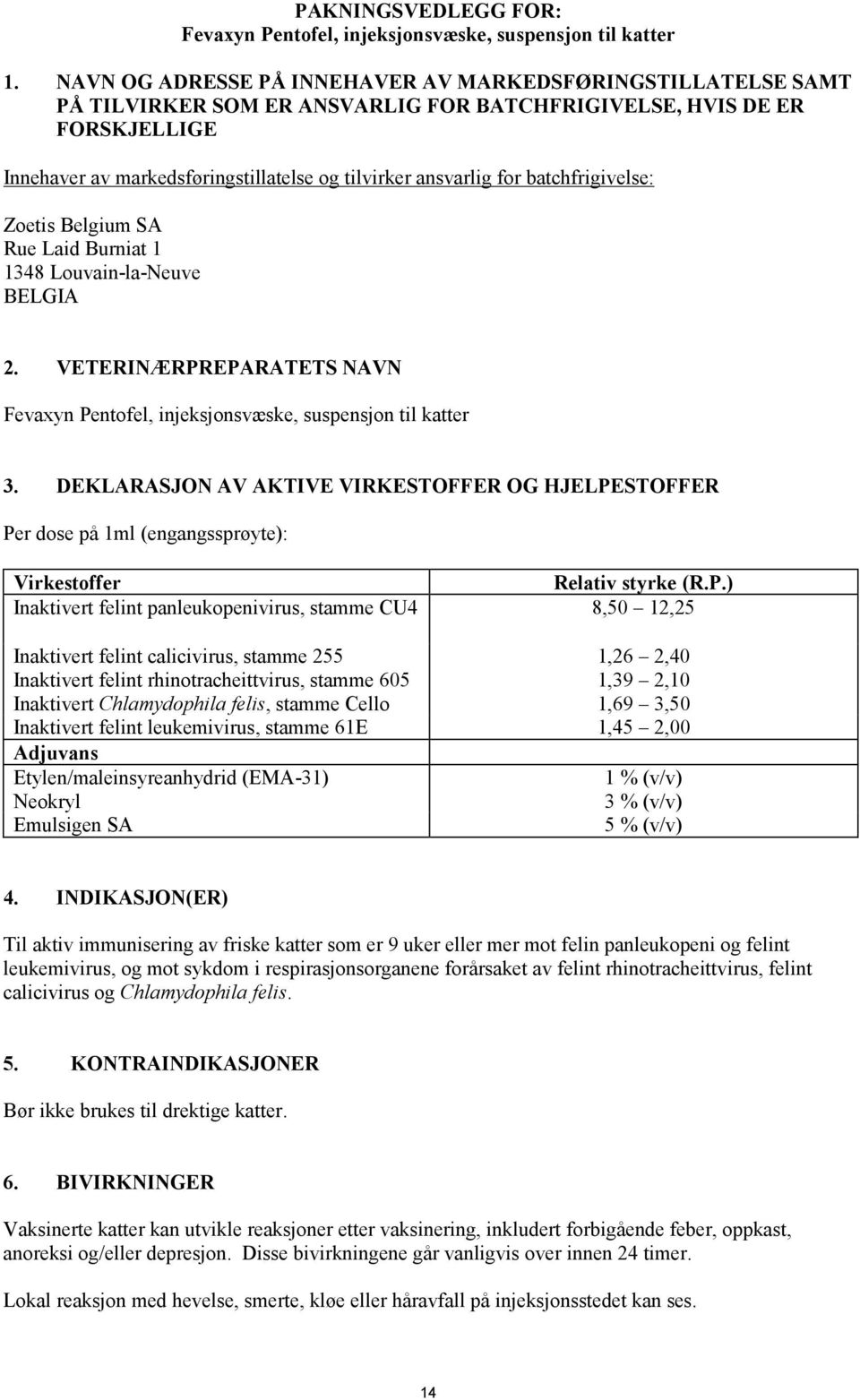 for batchfrigivelse: Zoetis Belgium SA Rue Laid Burniat 1 1348 Louvain-la-Neuve BELGIA 2. VETERINÆRPREPARATETS NAVN Fevaxyn Pentofel, injeksjonsvæske, suspensjon til katter 3.