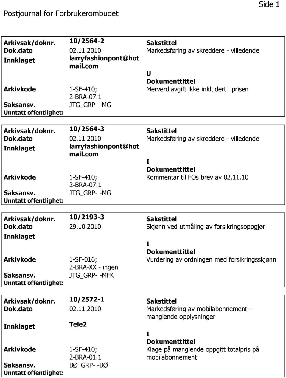 1 JTG_GRP- -MG Arkivsak/doknr. 10/2193-3 Sakstittel Dok.dato 29.10.2010 Skjønn ved utmåling av forsikringsoppgjør 1-SF-016; 2-BRA-XX - ingen JTG_GRP- -MFK Vurdering av ordningen med forsikringsskjønn Arkivsak/doknr.