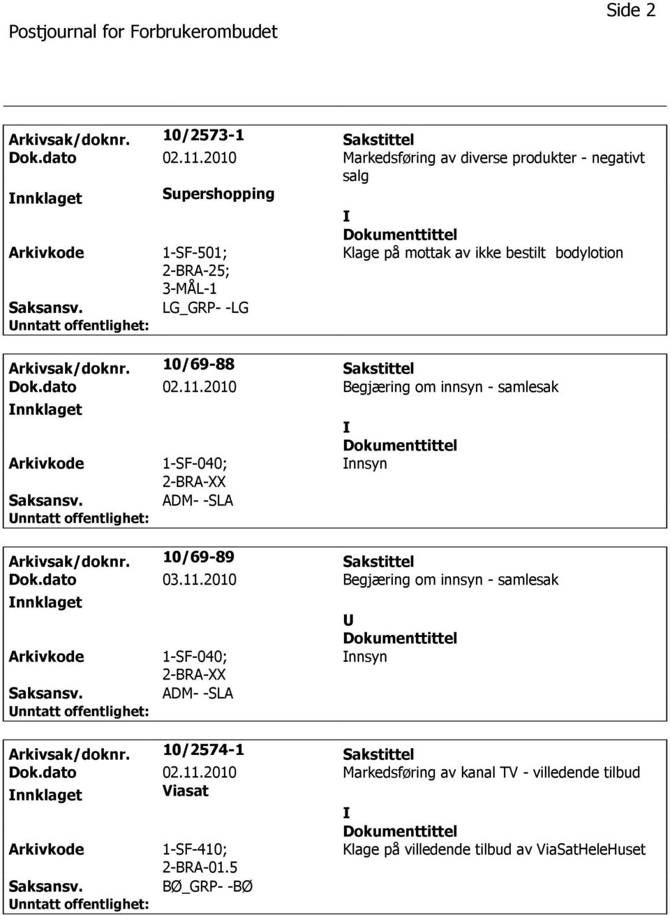 Arkivsak/doknr. 10/69-88 Sakstittel Dok.dato 02.11.2010 Begjæring om innsyn - samlesak 1-SF-040; 2-BRA-XX ADM- -SLA nnsyn Arkivsak/doknr.