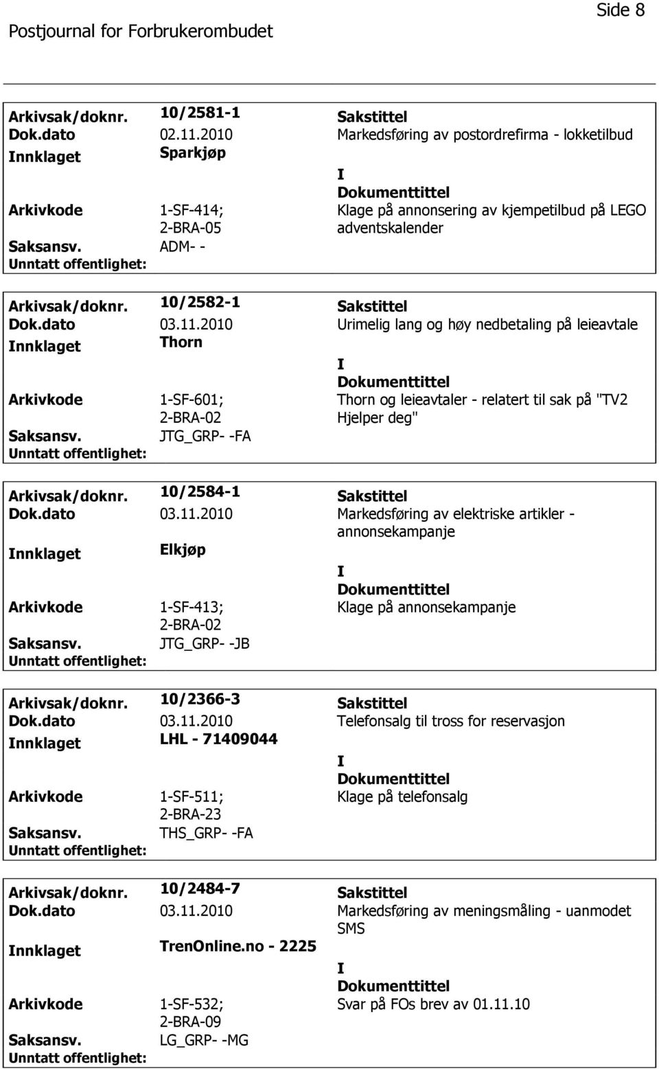 2010 rimelig lang og høy nedbetaling på leieavtale Thorn 1-SF-601; 2-BRA-02 Thorn og leieavtaler - relatert til sak på "TV2 Hjelper deg" JTG_GRP- -FA Arkivsak/doknr. 10/2584-1 Sakstittel Dok.dato 03.