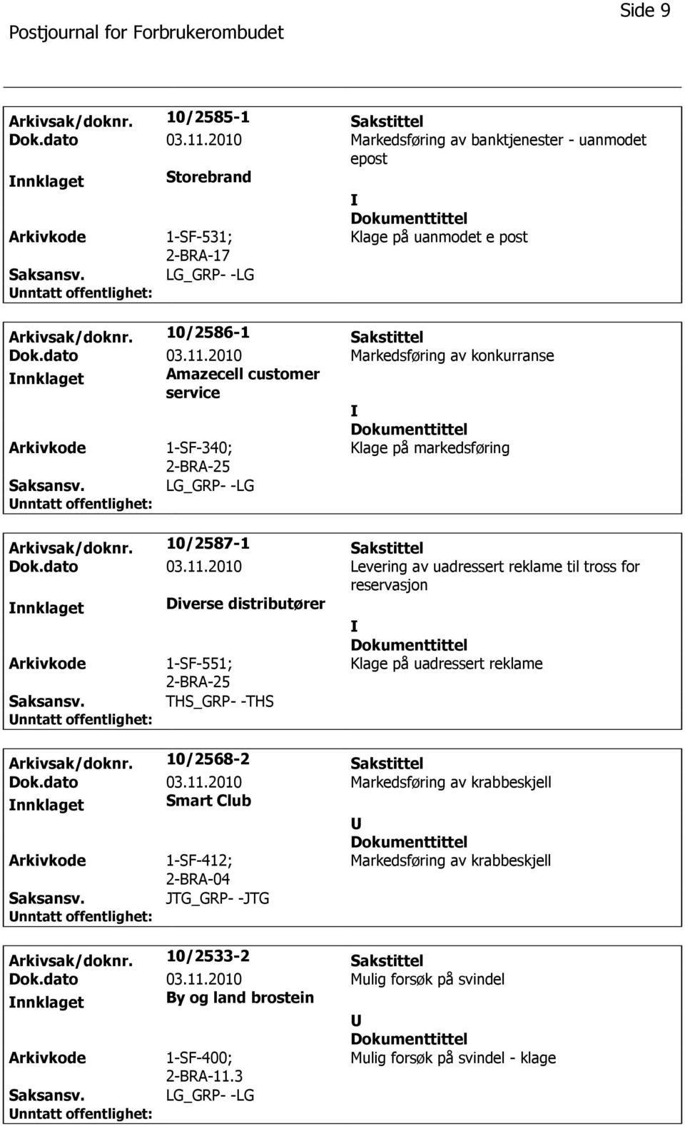 10/2568-2 Sakstittel Dok.dato 03.11.2010 Markedsføring av krabbeskjell Smart Club 1-SF-412; Markedsføring av krabbeskjell 2-BRA-04 JTG_GRP- -JTG Arkivsak/doknr. 10/2533-2 Sakstittel Dok.dato 03.11.2010 Mulig forsøk på svindel By og land brostein 1-SF-400; Mulig forsøk på svindel - klage 2-BRA-11.