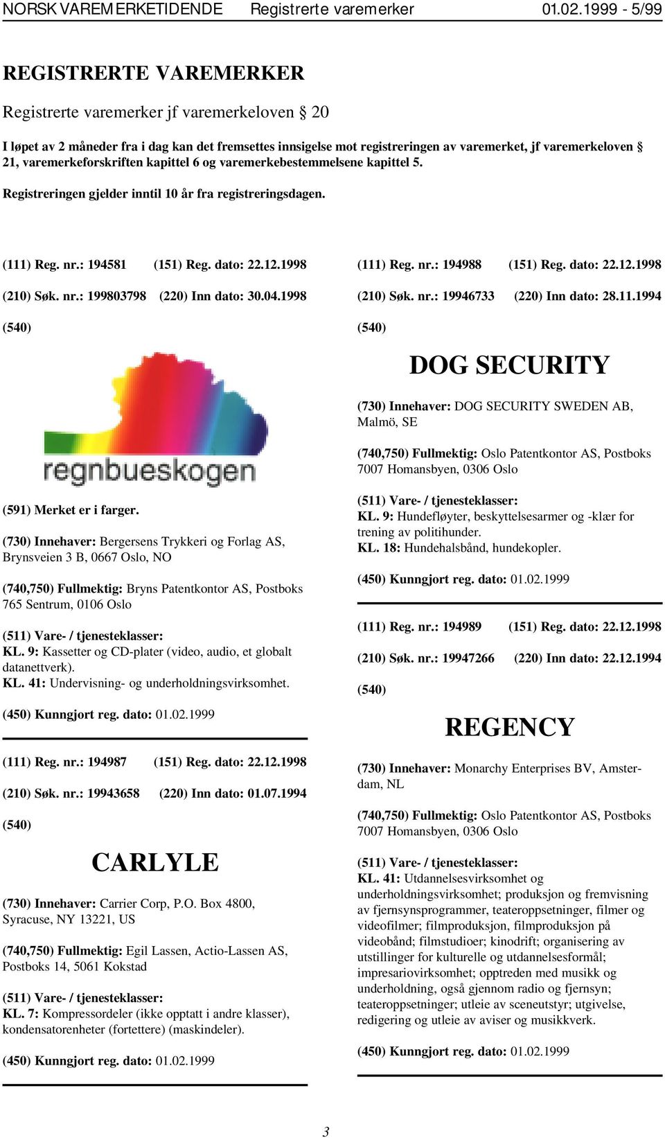 varemerkeforskriften kapittel 6 og varemerkebestemmelsene kapittel 5. Registreringen gjelder inntil 10 år fra registreringsdagen. (111) Reg. nr.: 194581 (151) Reg. dato: 22.12.1998 (210) Søk. nr.: 199803798 (220) Inn dato: 30.