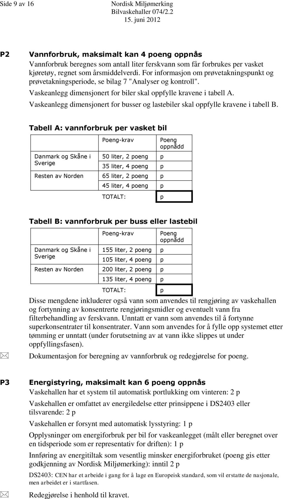 For informasjon om prøvetakningspunkt og prøvetakningsperiode, se bilag 7 "Analyser og kontroll". Vaskeanlegg dimensjonert for biler skal oppfylle kravene i tabell A.