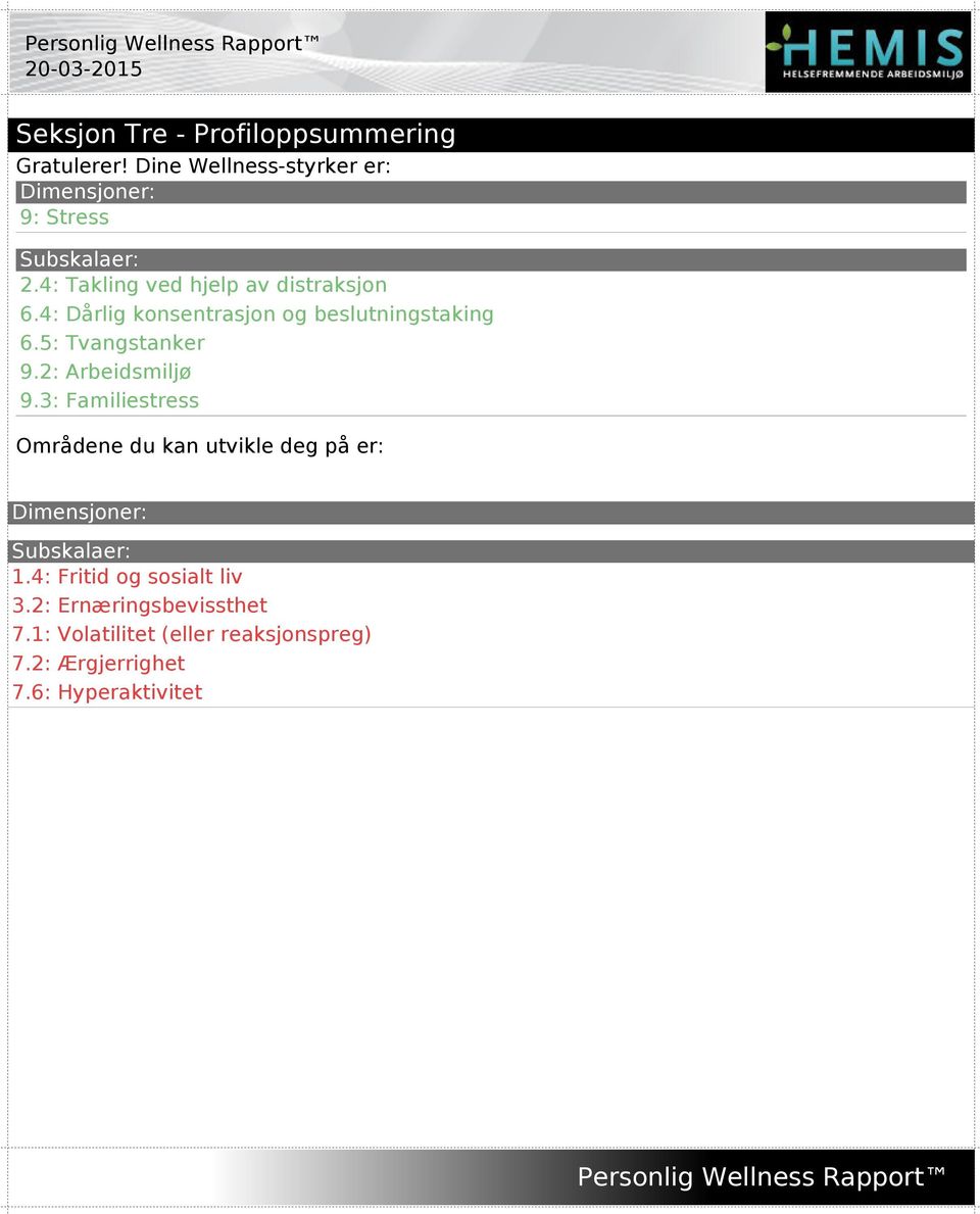 2: Arbeidsmiljø 9.3: Familiestress Områdene du kan utvikle deg på er: Dimensjoner: Subskalaer: 1.