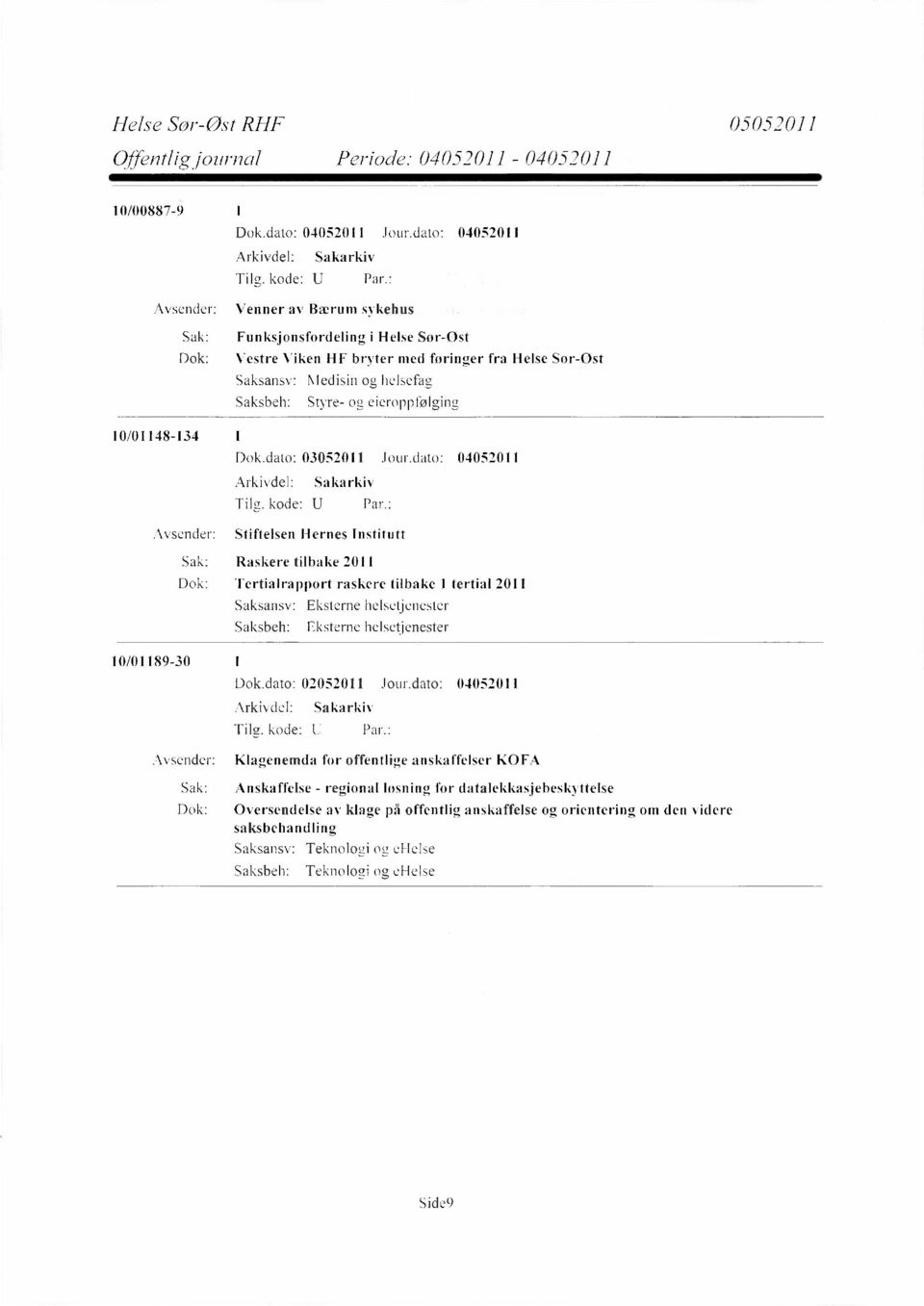 : Avsender: Stiftelsen Hernes Institutt Sak: Raskere tilbake 2011 Dok: Tertialrapport raskere tilbake 1 tertial 2011 10/01189-30 Dok.dato: 02052011 Jour.