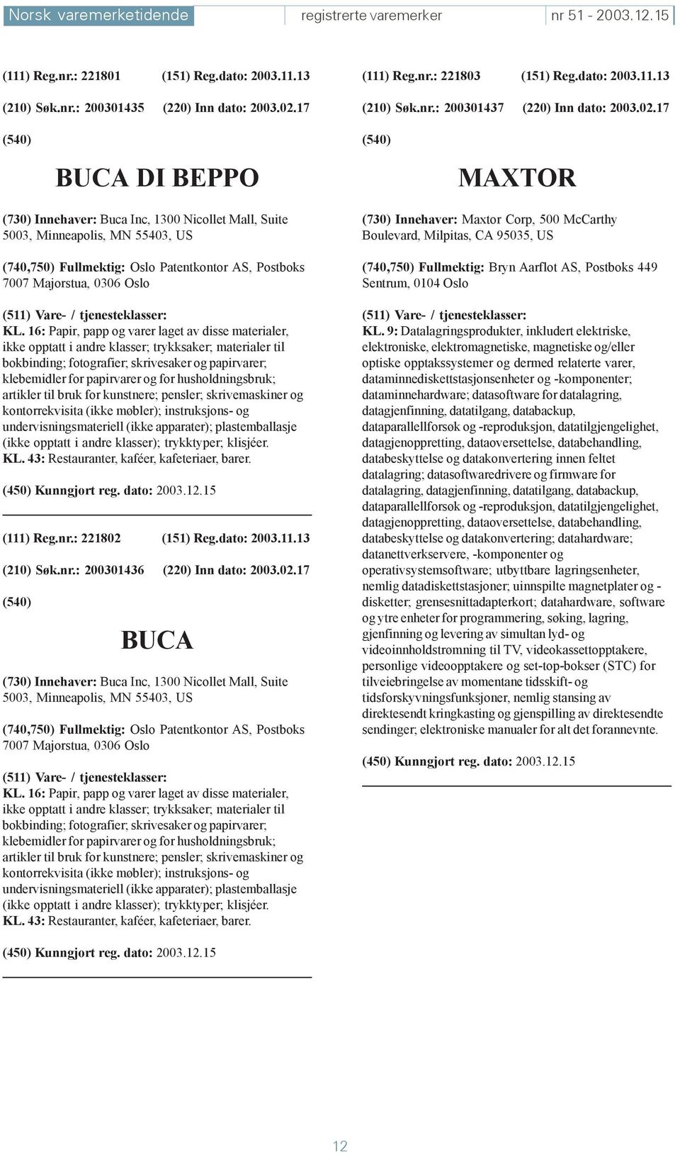 17 BUCA DI BEPPO MAXTOR (730) Innehaver: Buca Inc, 1300 Nicollet Mall, Suite 5003, Minneapolis, MN 55403, US (740,750) Fullmektig: Oslo Patentkontor AS, Postboks 7007 Majorstua, 0306 Oslo KL.