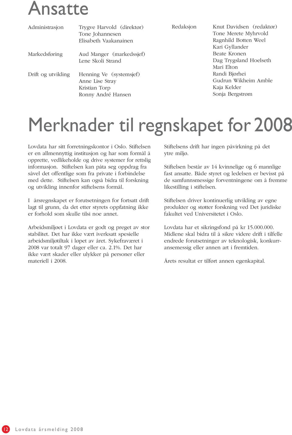 Wikheim Amble Kaja Kelder Sonja Bergstrøm Merknader til regnskapet for 2008 Lovdata har sitt forretningskontor i Oslo.