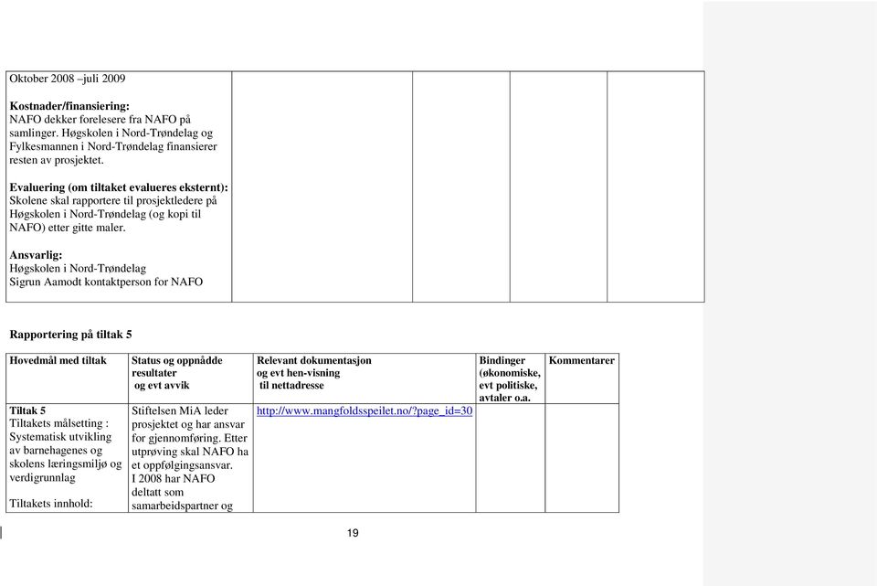 Ansvarlig: Høgskolen i Nord-Trøndelag Sigrun Aamodt kontaktperson for NAFO Rapportering på tiltak 5 Hovedmål med tiltak Tiltak 5 Tiltakets målsetting : Systematisk utvikling av barnehagenes og