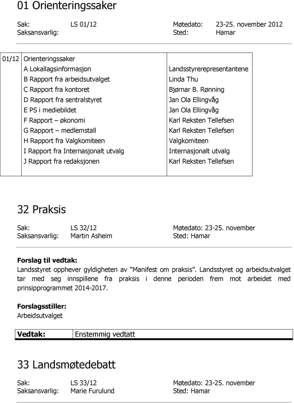 økonomi G Rapport medlemstall H Rapport fra Valgkomiteen I Rapport fra Internasjonalt utvalg J Rapport fra redaksjonen Landsstyrerepresentantene Linda Thu Bjørnar B.