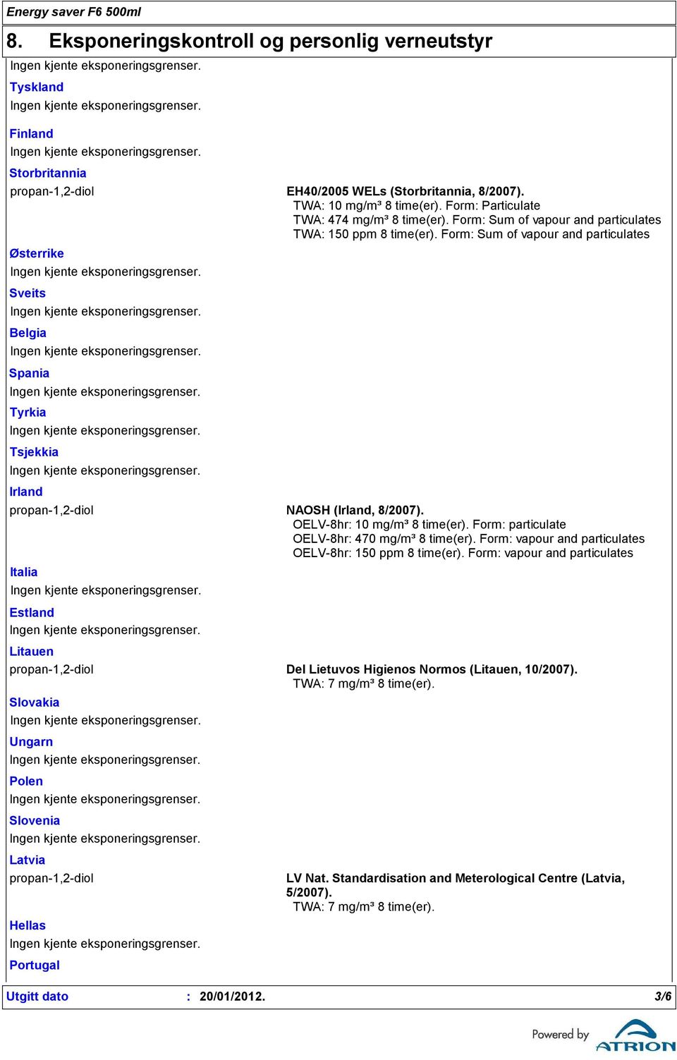 Form Sum of vapour and particulates Østerrike Sveits Belgia Spania Tyrkia Tsjekkia Irland propan1,2diol NAOSH (Irland, 8/2007). OELV8hr 10 mg/m³ 8 time(er).