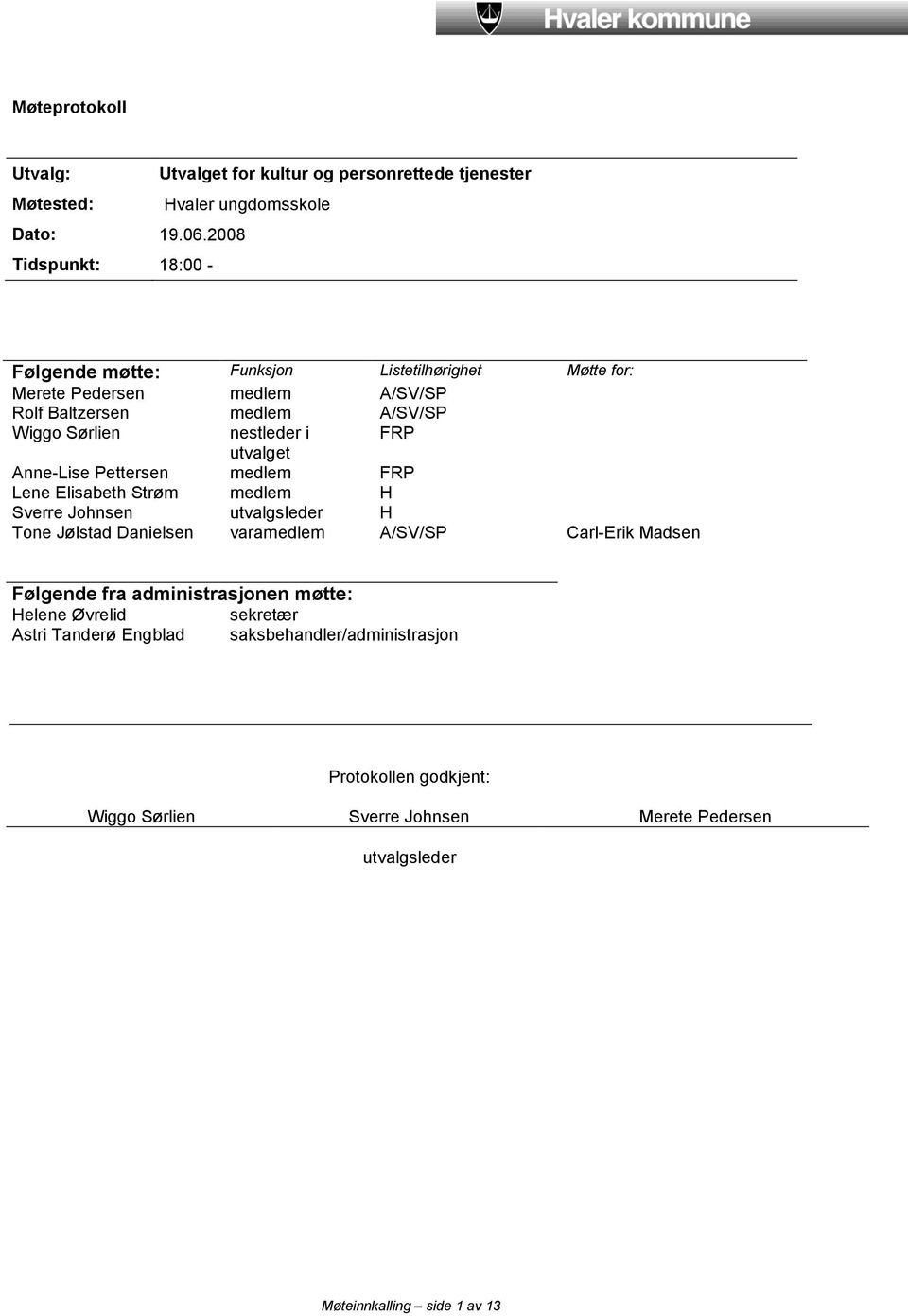 FRP utvalget Anne-Lise Pettersen medlem FRP Lene Elisabeth Strøm medlem H Sverre Johnsen utvalgsleder H Tone Jølstad Danielsen varamedlem A/SV/SP Carl-Erik Madsen