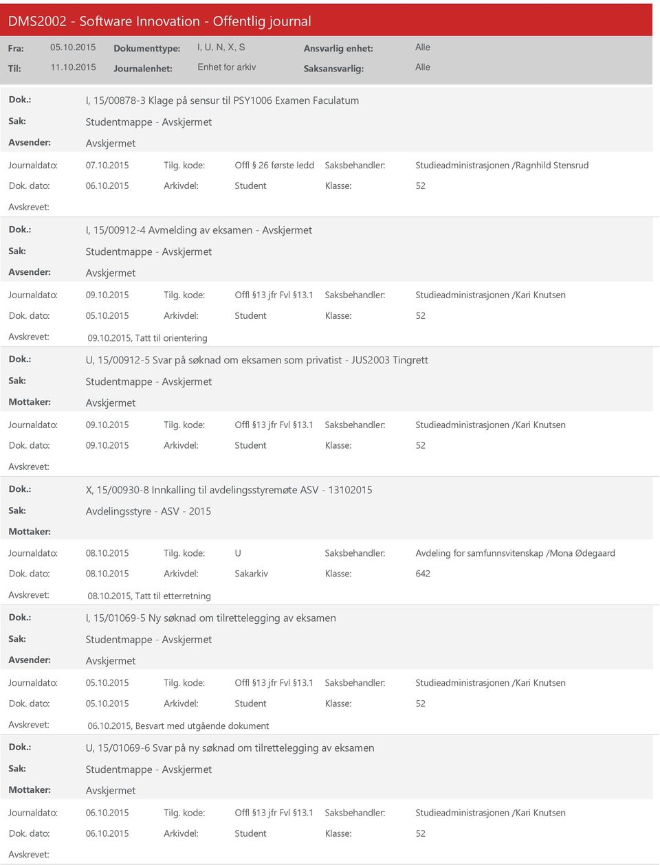 2015, Tatt til orientering, 15/00912-5 Svar på søknad om eksamen som privatist - JS2003 Tingrett X, 15/00930-8 Innkalling til avdelingsstyremøte ASV - 13102015 Avdelingsstyre