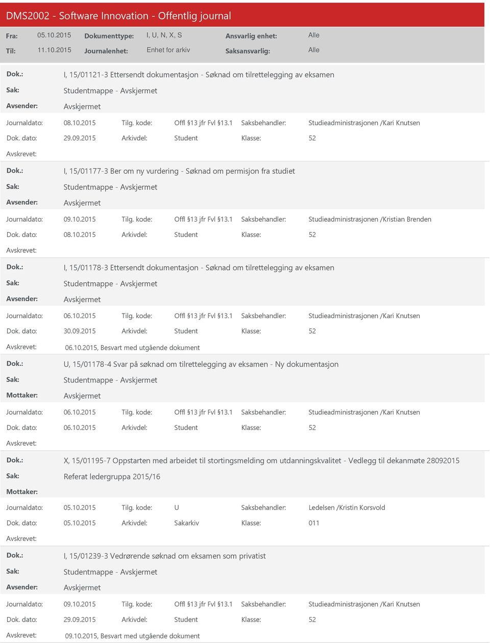 2015 Arkivdel: Student I, 15/01178-3 Ettersendt dokumentasjon - Søknad om tilrettelegging av eksamen Dok. dato: 30.09.2015 Arkivdel: Student 06.10.