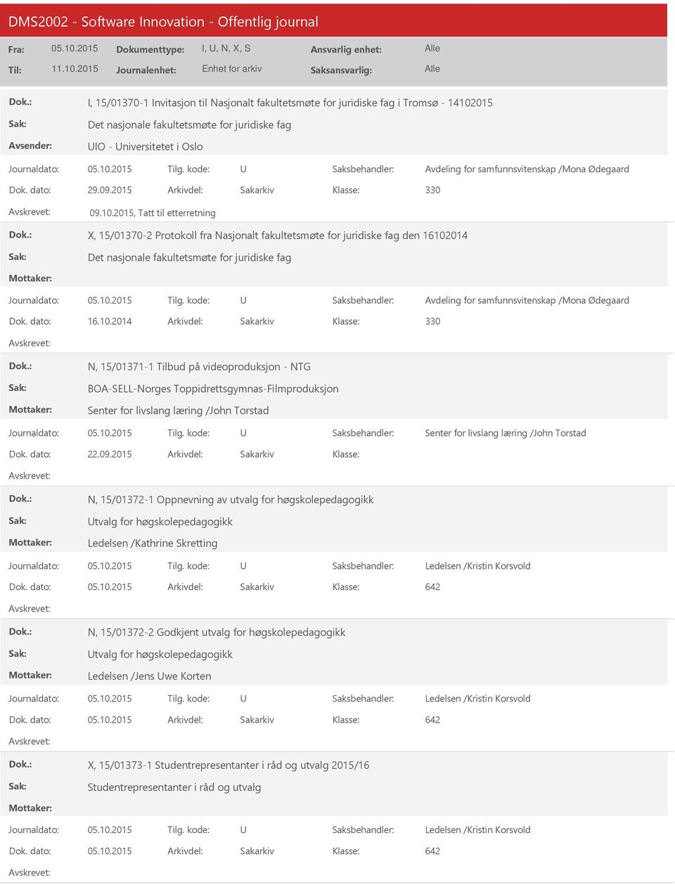 2015, Tatt til etterretning X, 15/01370-2 Protokoll fra Nasjonalt fakultetsmøte for juridiske fag den 16102014 Det nasjonale fakultetsmøte for juridiske fag Avdeling for samfunnsvitenskap /Mona