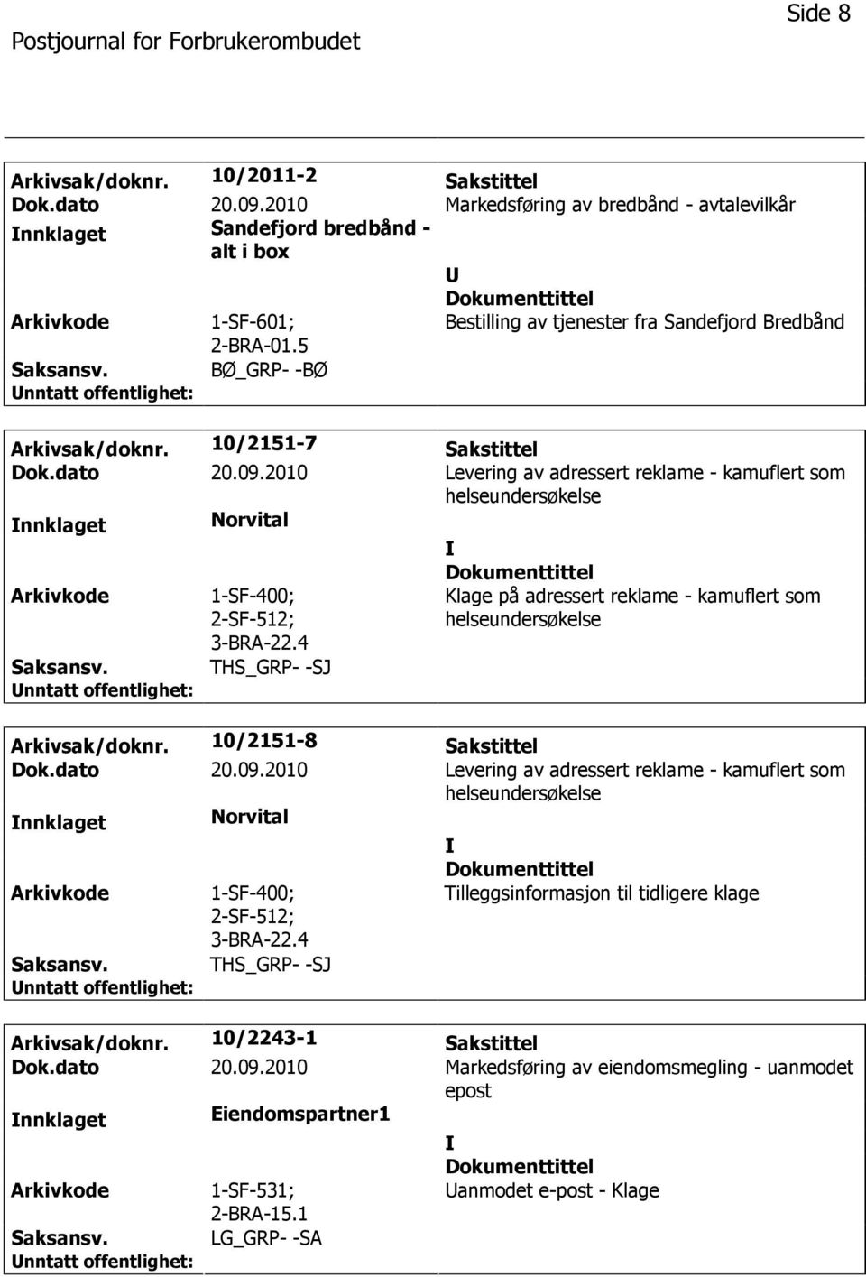 2010 Levering av adressert reklame - kamuflert som helseundersøkelse nnklaget Norvital 1-SF-400; 2-SF-512; 3-BRA-22.