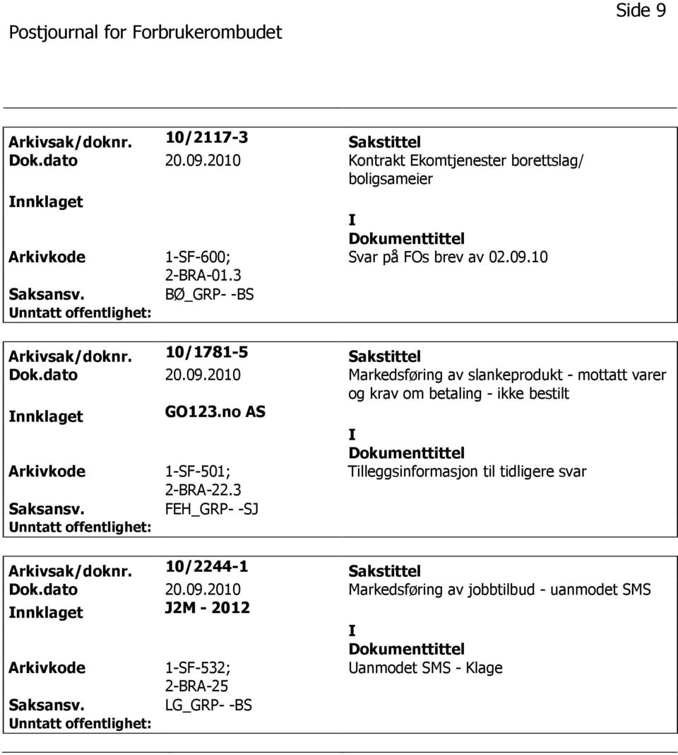 no AS 1-SF-501; 2-BRA-22.3 Tilleggsinformasjon til tidligere svar FEH_GRP- -SJ Arkivsak/doknr. 10/2244-1 Sakstittel Dok.dato 20.09.