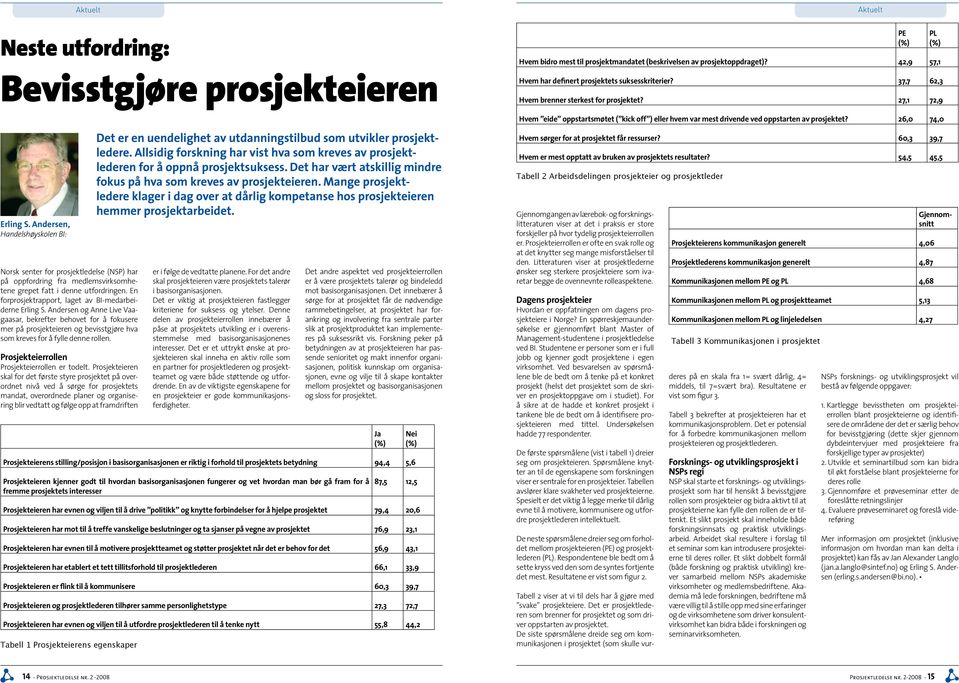 Andersen, Handelshøyskolen BI: Norsk senter for prosjektledelse (NSP) har på oppfordring fra medlemsvirksomhetene grepet fatt i denne utfordringen.