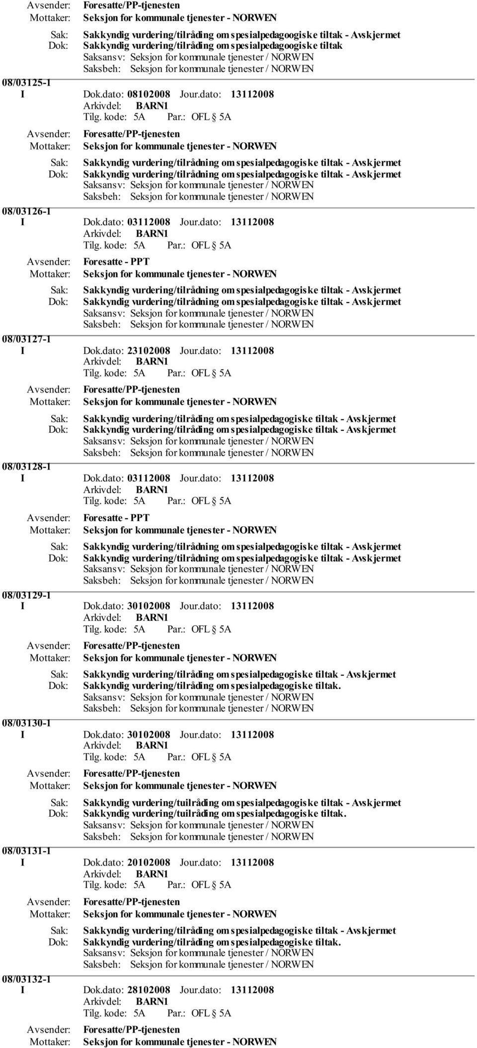 dato: Foresatte - PPT Seksjon for kommunale tjenester - NORWEN 08/03127-1 I Dok.dato: 23102008 Jour.dato: Foresatte/PP-tjenesten Seksjon for kommunale tjenester - NORWEN 08/03128-1 I Dok.